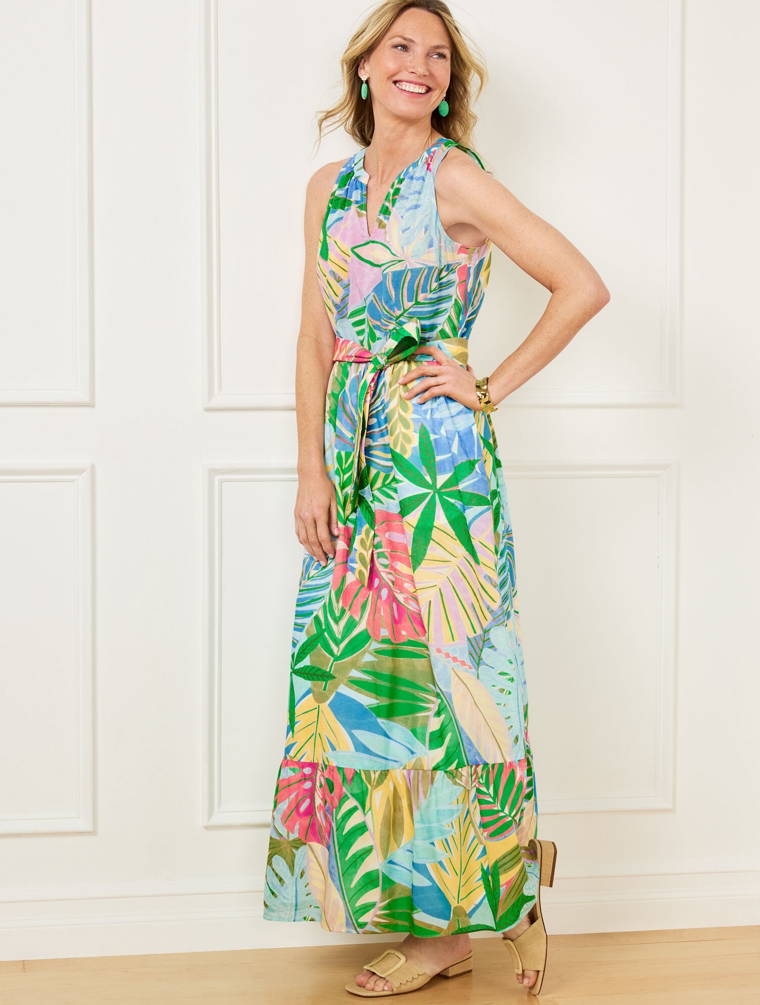 IVORY/VIVID TURQUOISE FIT & FLARE DRESS - PARADISE FOLIAGE | Talbots on sale