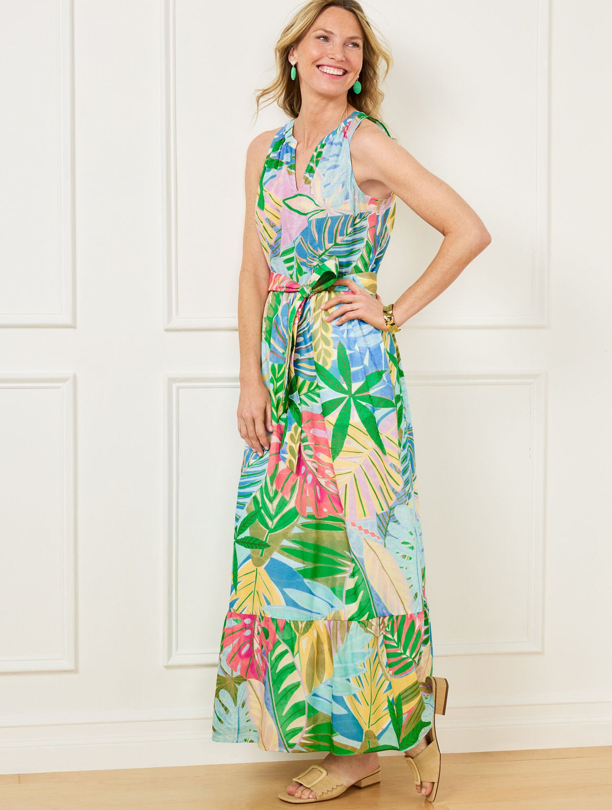 IVORY/VIVID TURQUOISE FIT & FLARE DRESS - PARADISE FOLIAGE | Talbots on sale