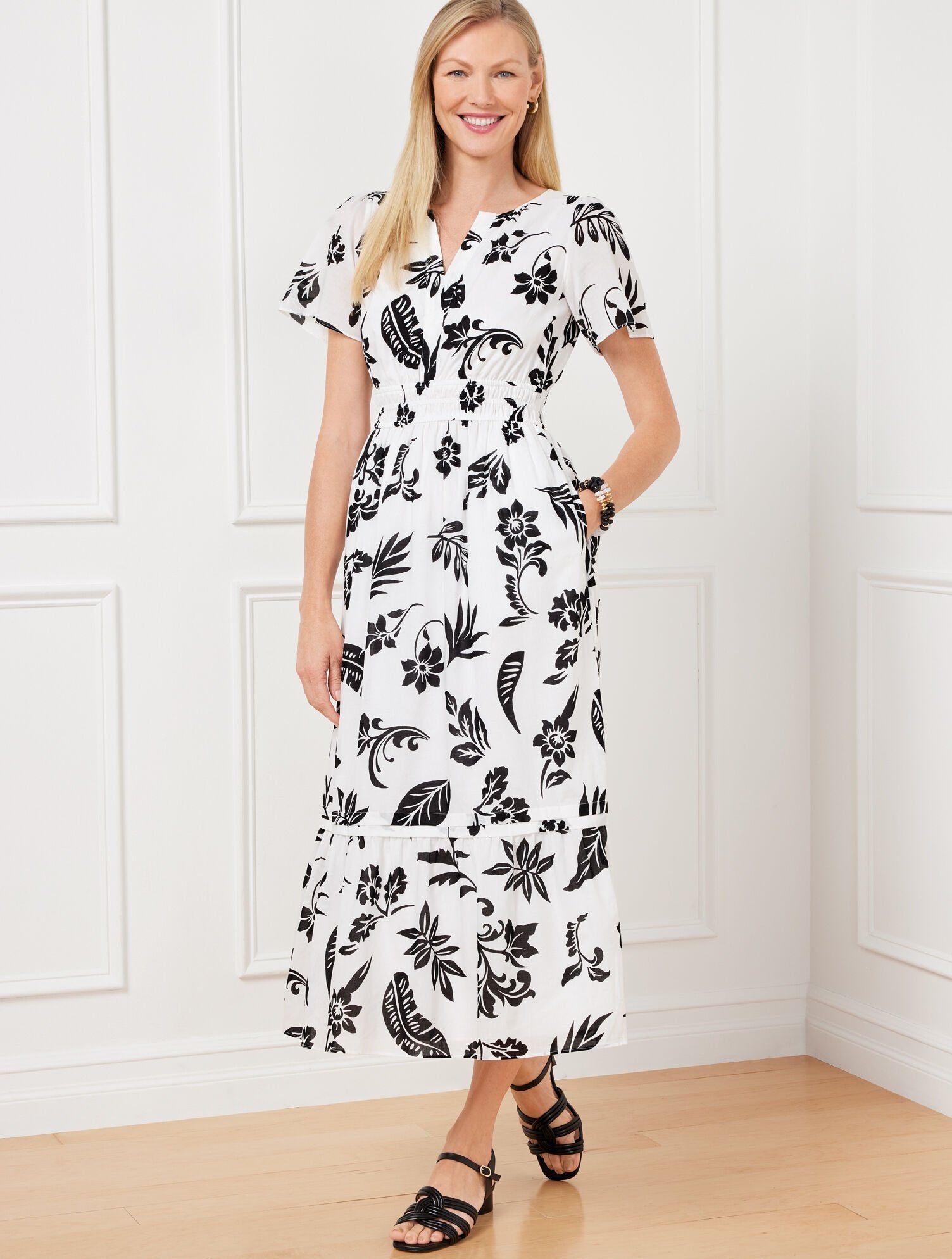 WHITE/BLACK FLUTTER SLEEVE MIDI DRESS - SILHOUETTE PALMS | Talbots sale