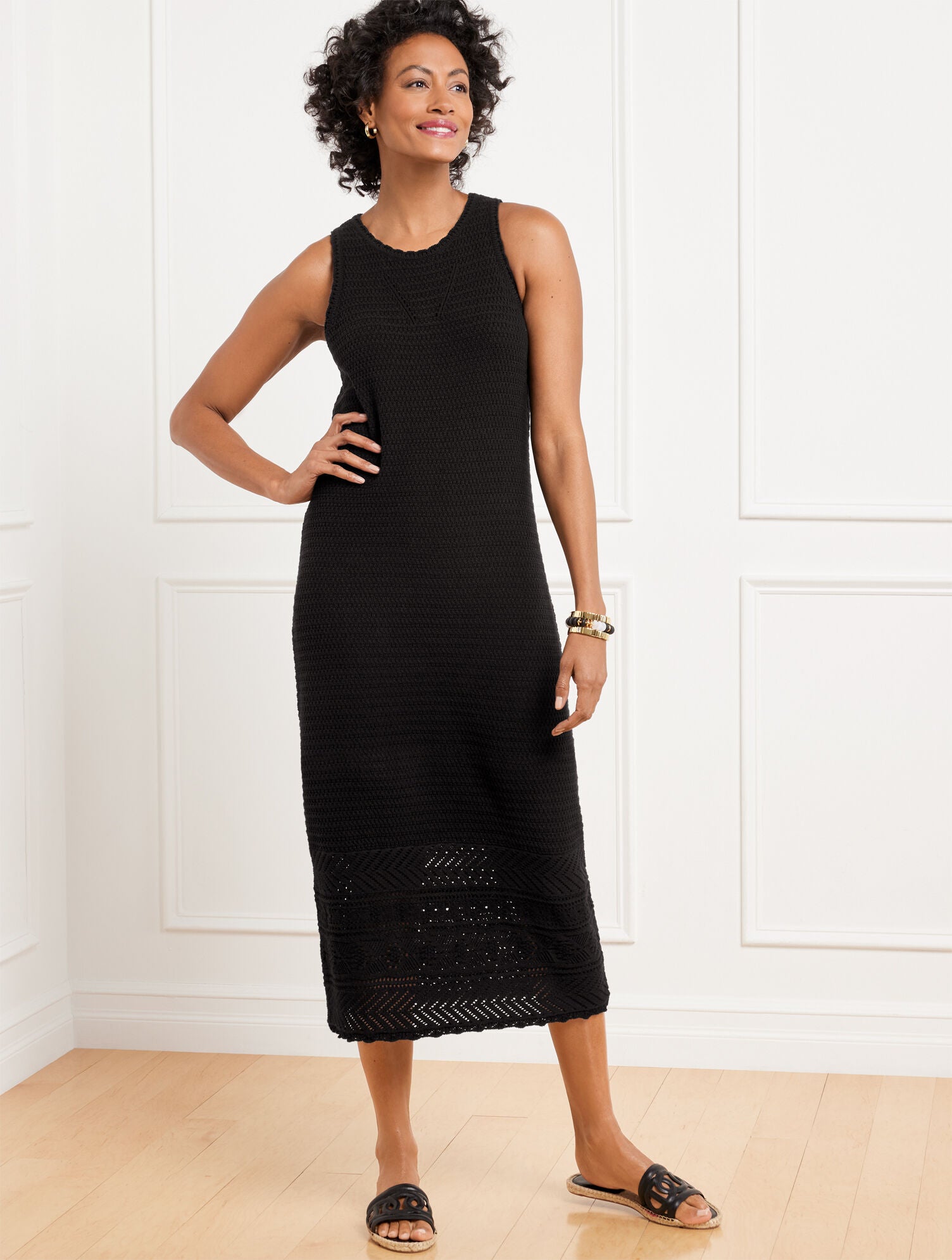 BLACK CROCHET POINTELLE MIDI DRESS | Talbots online