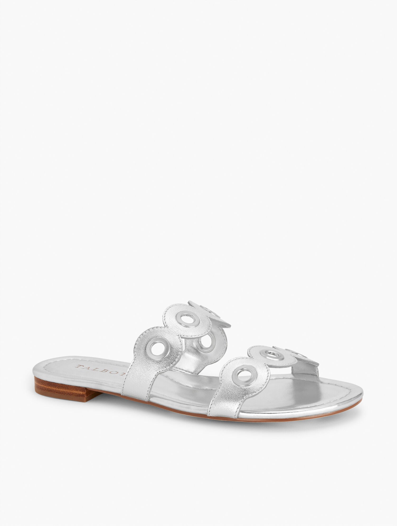 SILVER CAMY EYELET NAPPA METALLIC SLIDE SANDALS | Talbots on sale