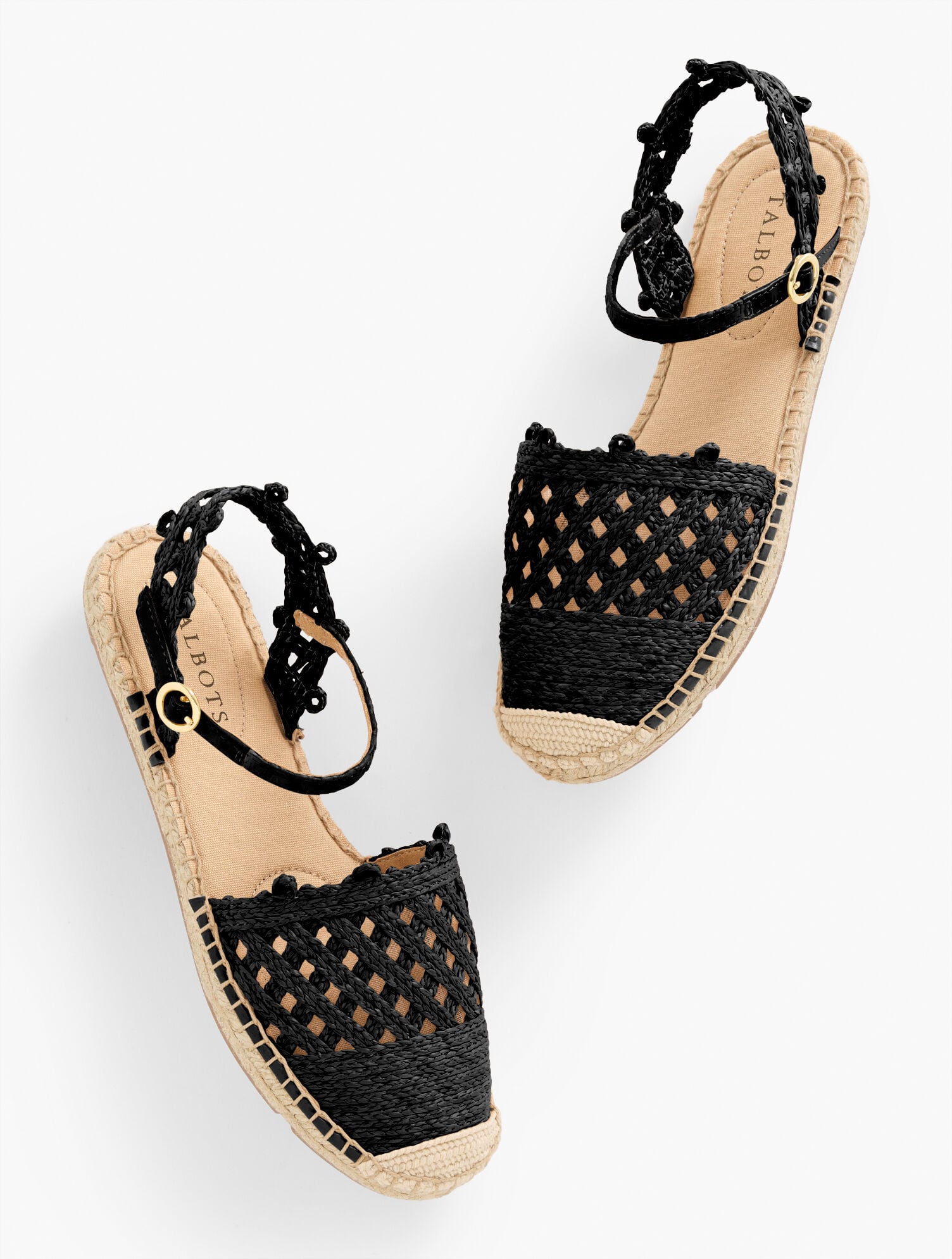 BLACK|NATURAL IZZY ANKLE STRAP RAFFIA ESPADRILLE FLATS | Talbots outlet