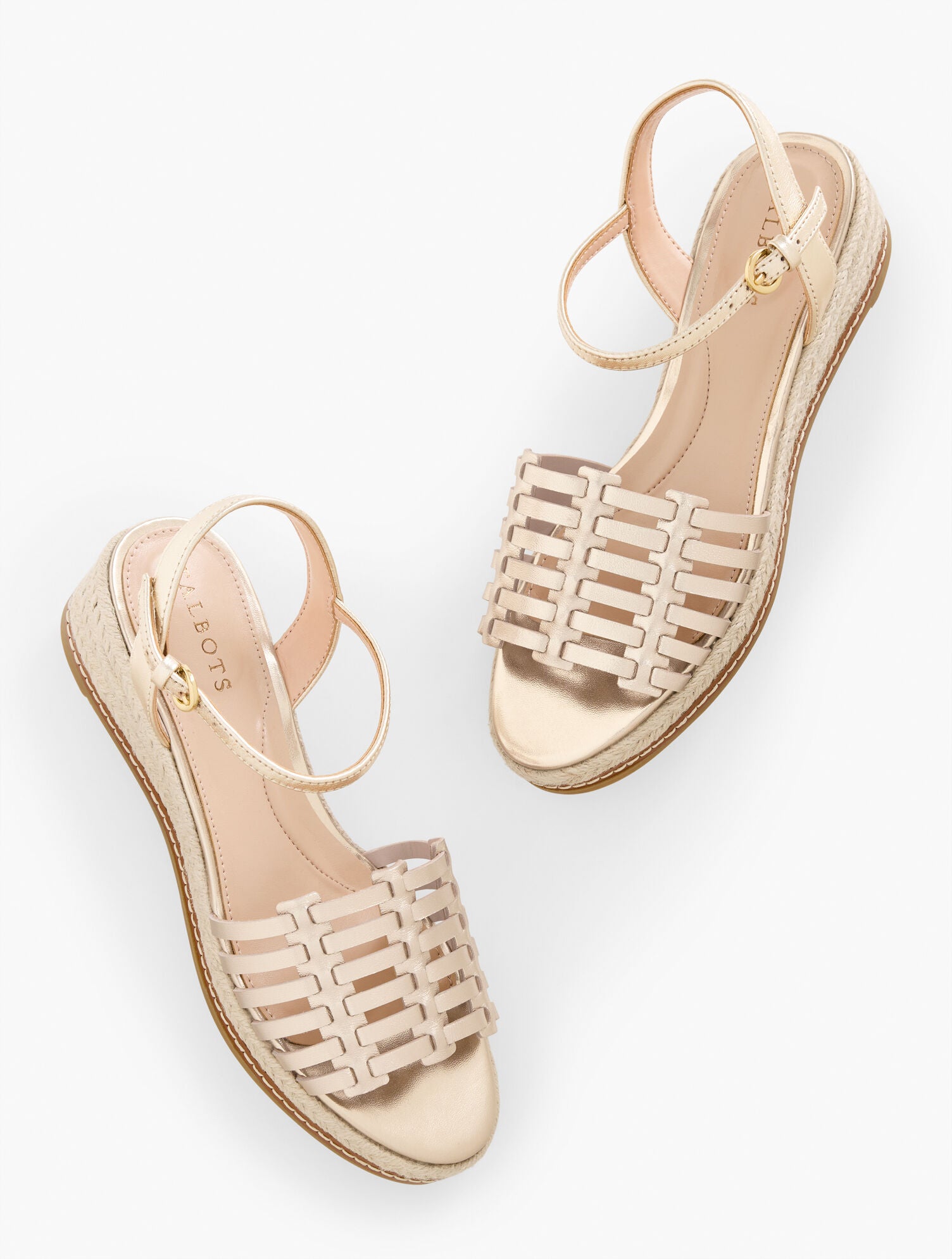 GOLD PAMELA METALLIC WOVEN NAPPA WEDGE SANDALS | Talbots on sale