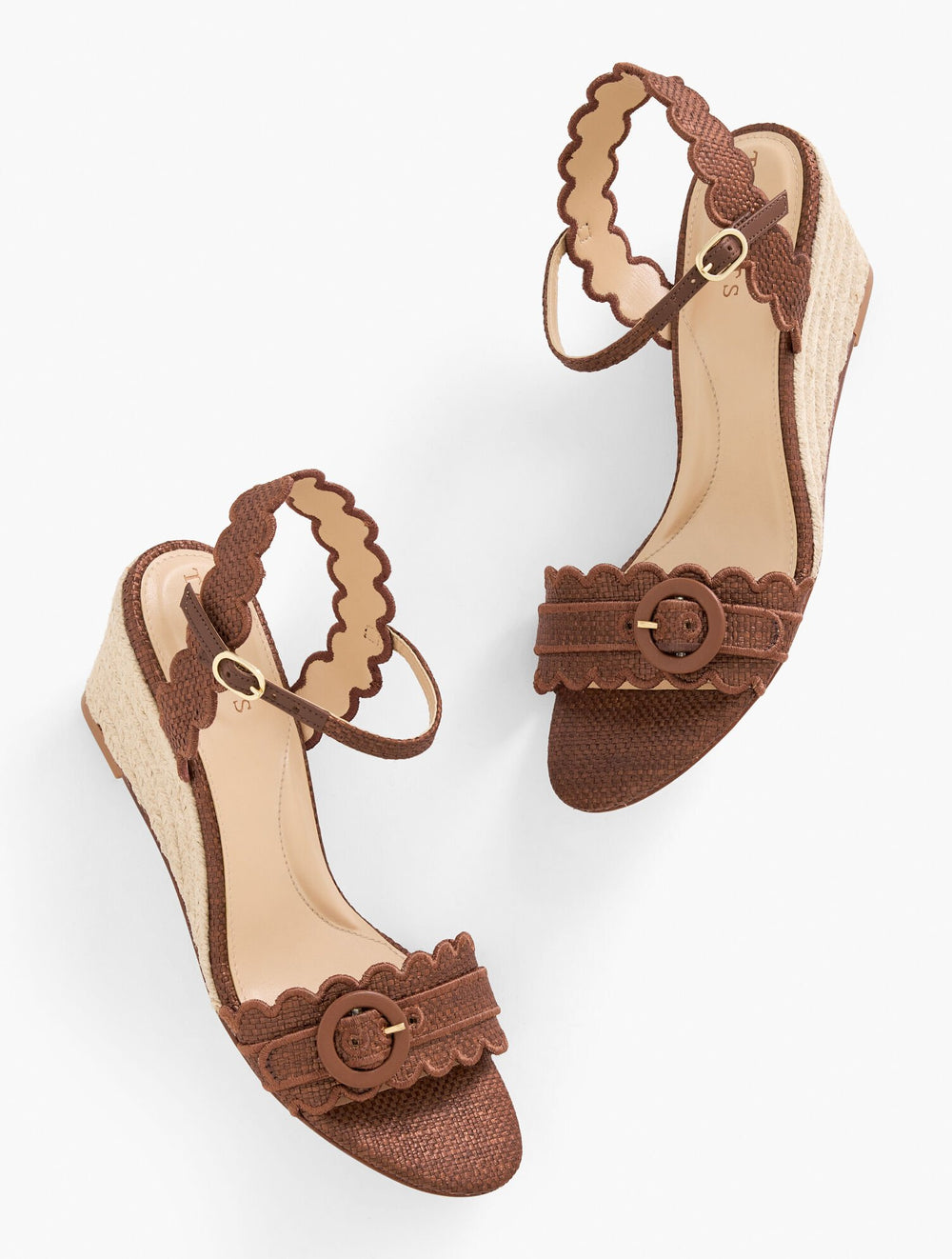 DARK HAVANA TAN ROYCE SCALLOPED RAFFIA WEDGE SANDALS | Talbots online