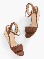 DARK HAVANA TAN ROYCE SCALLOPED RAFFIA WEDGE SANDALS | Talbots online