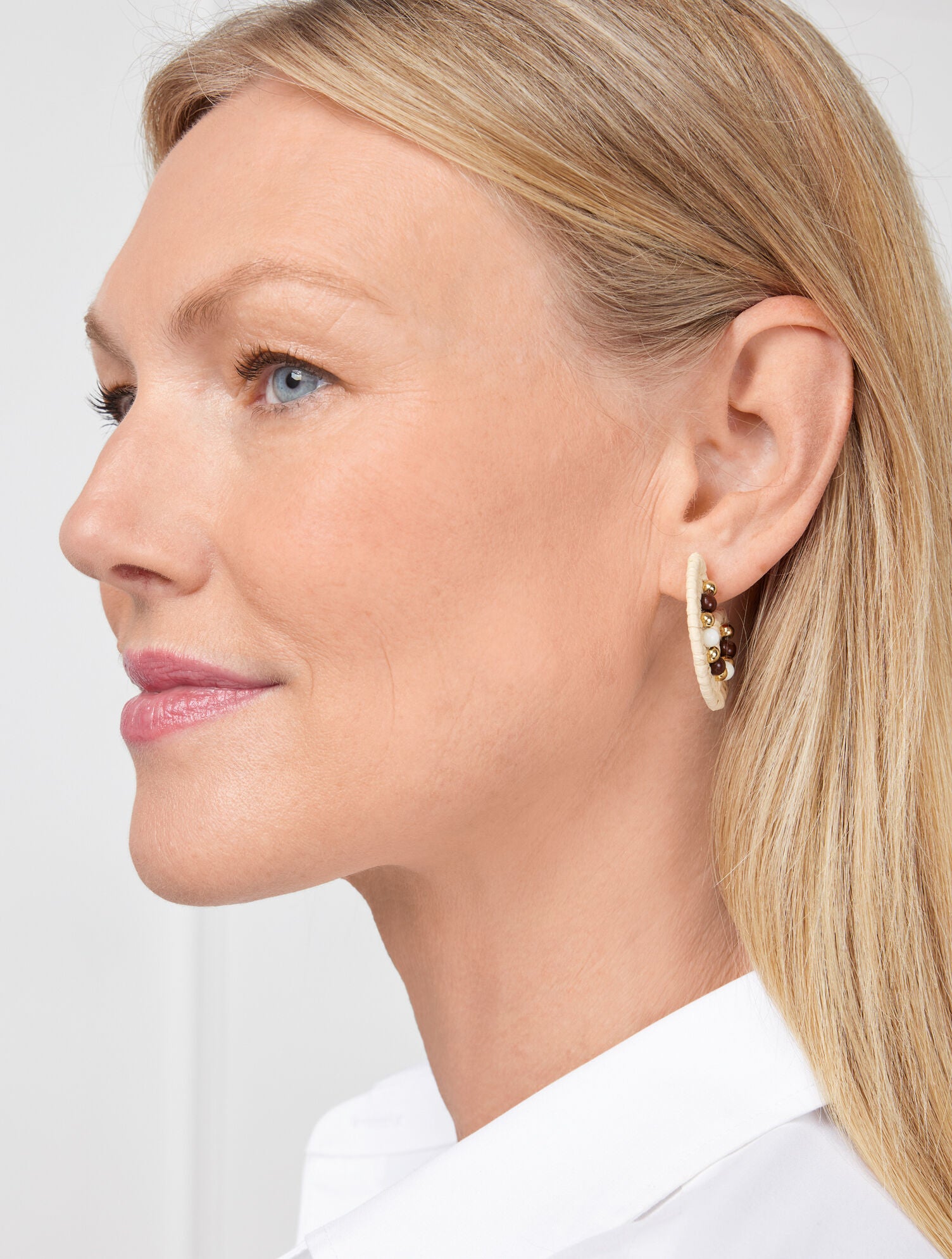 NATURAL RAFFIA/GOLD BEADED RAFFIA HOOP EARRINGS | Talbots US