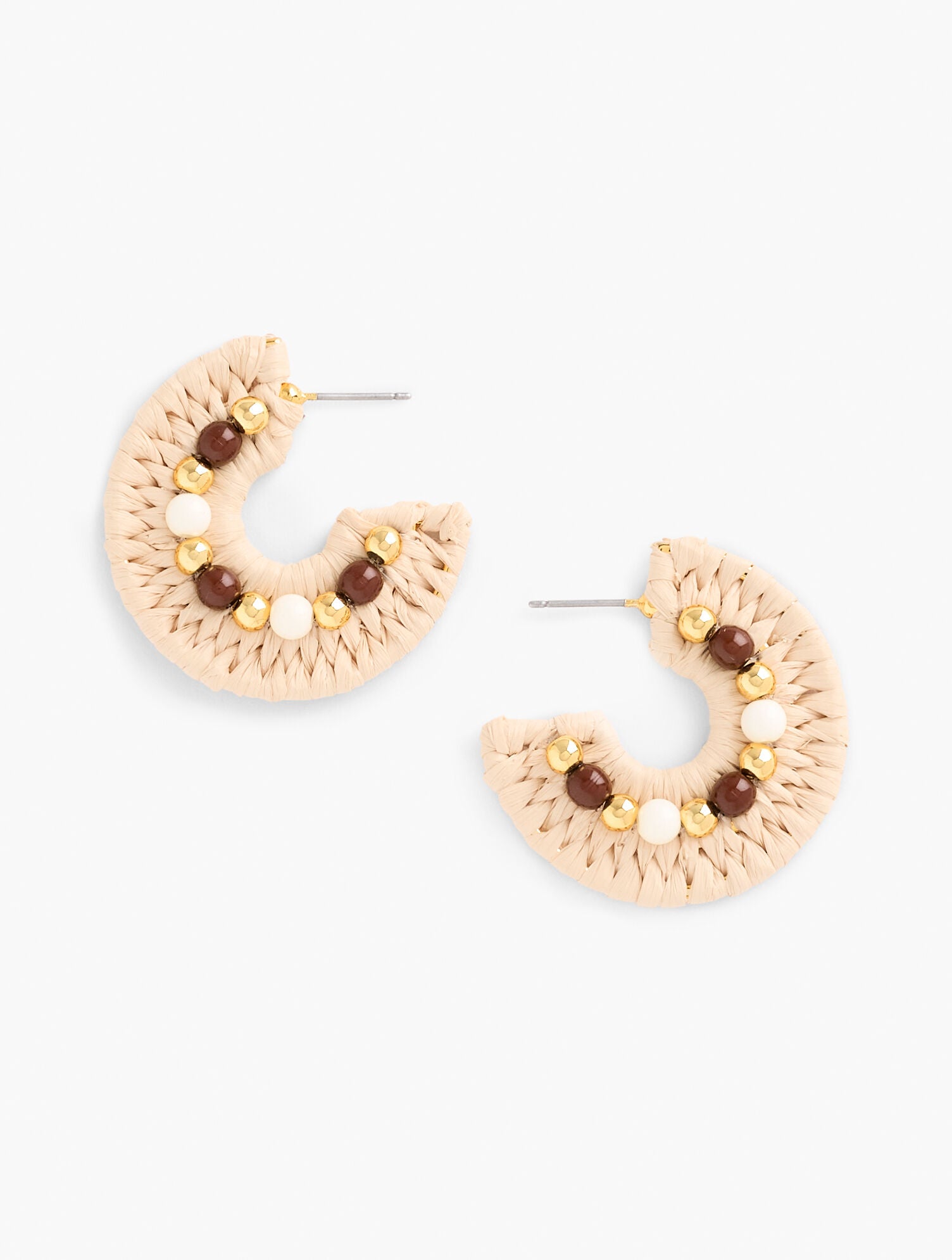 NATURAL RAFFIA/GOLD BEADED RAFFIA HOOP EARRINGS | Talbots US