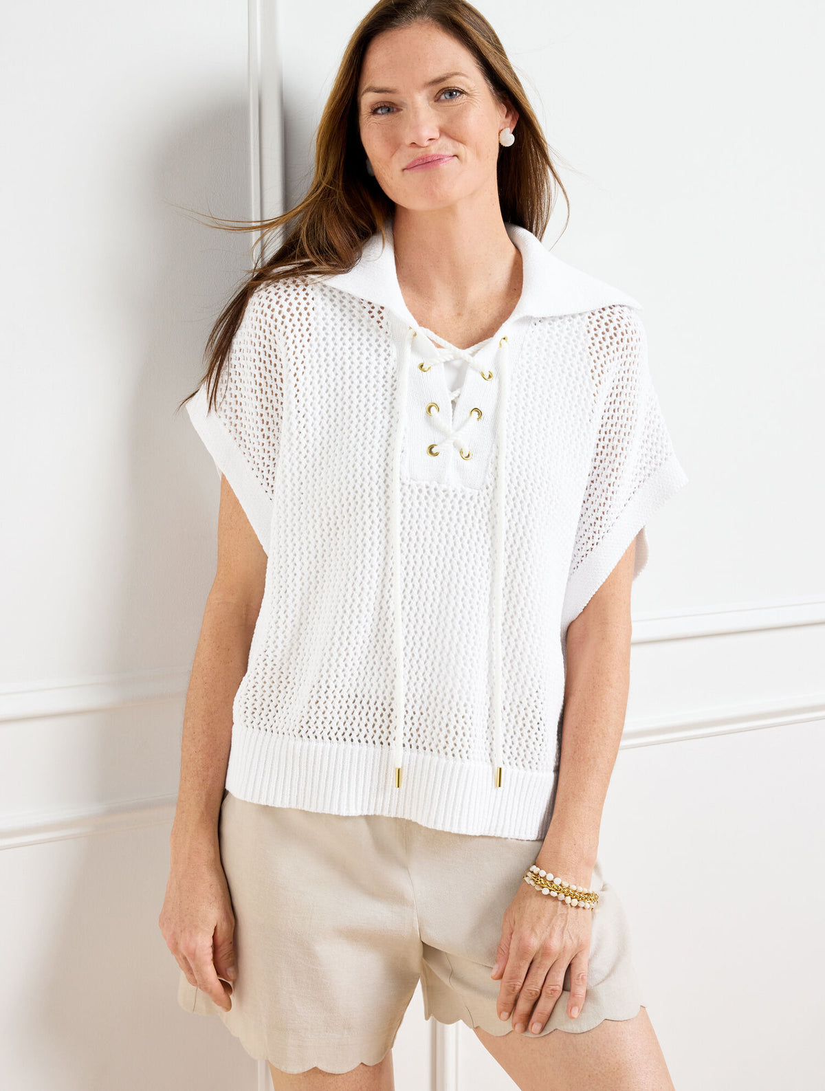 WHITE PLUS SIZE OPEN KNIT LACE UP PONCHO | Talbots discount