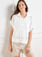 WHITE PLUS SIZE OPEN KNIT LACE UP PONCHO | Talbots outlet
