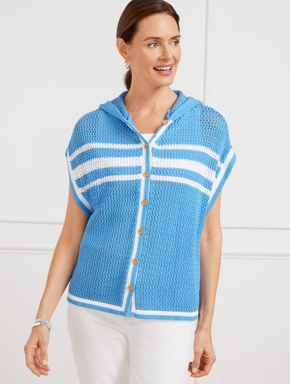 LAKESIDE BLUE MULTI OPEN STITCH HOODED STRIPED PONCHO | Talbots for sale