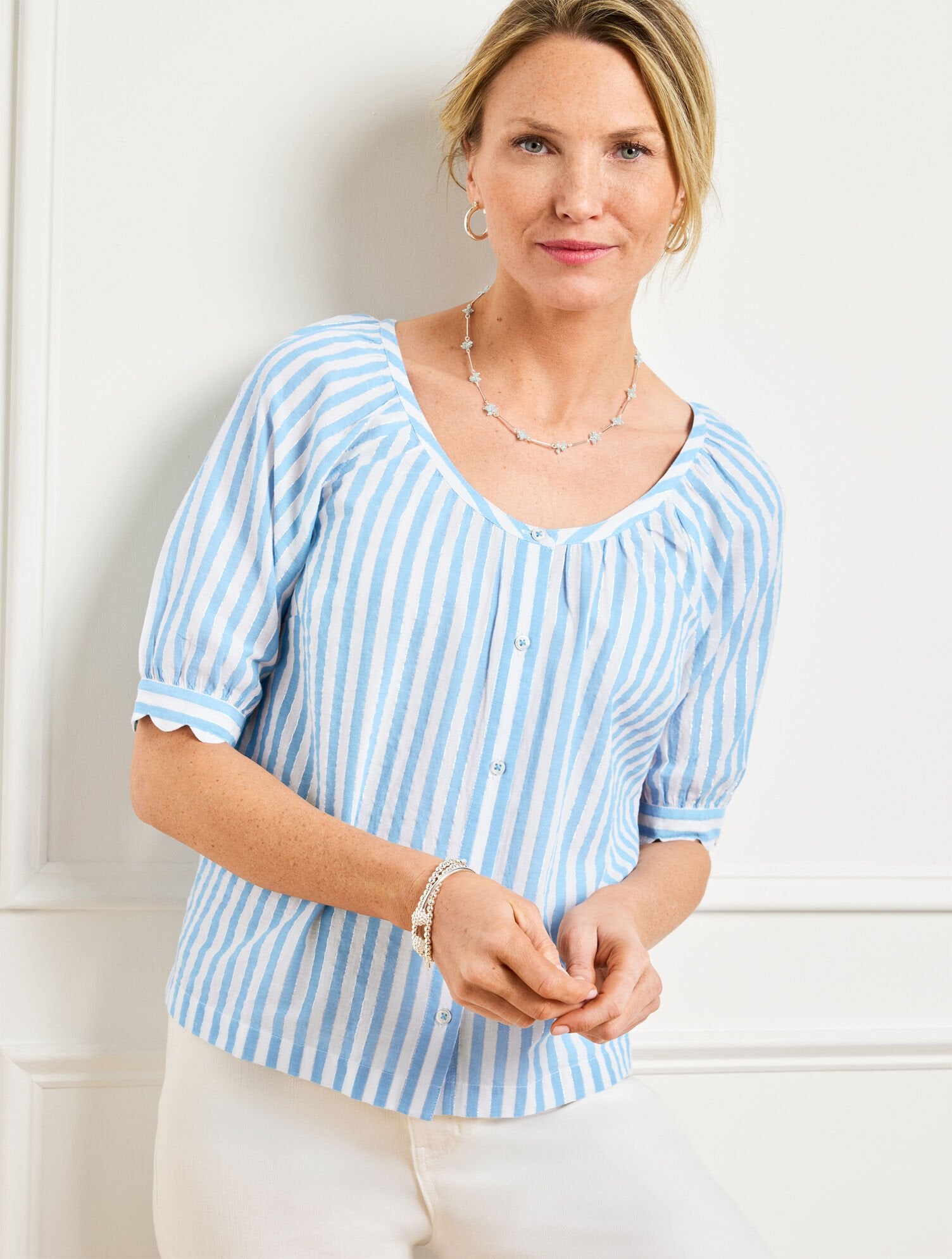 LAKESIDE BLUE/SILVER METALLIC BUTTON FRONT TOP - DELIGHTFUL STRIPE | Talbots discount