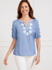 BLUE/WHITE EMBROIDERED ELBOW SLEEVE TOP | Talbots on sale