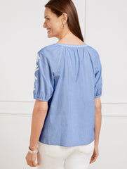 BLUE/WHITE EMBROIDERED ELBOW SLEEVE TOP | Talbots on sale