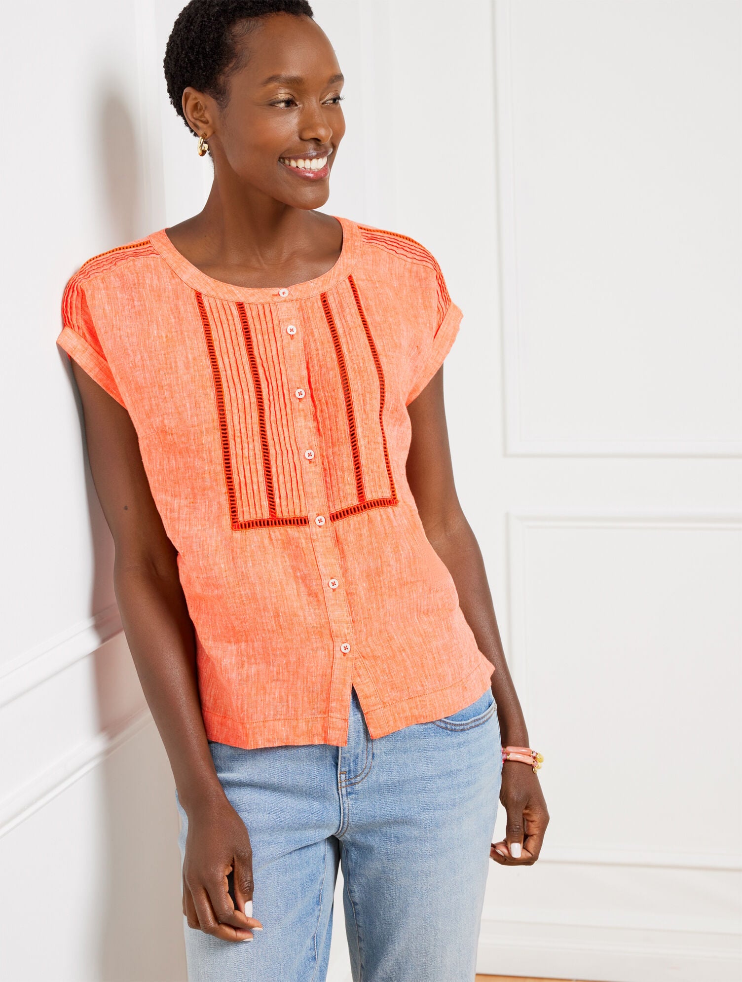 BEIGE/WHITE|HOT ORANGE/WHITE PINTUCK LINEN TOP | Talbots discount
