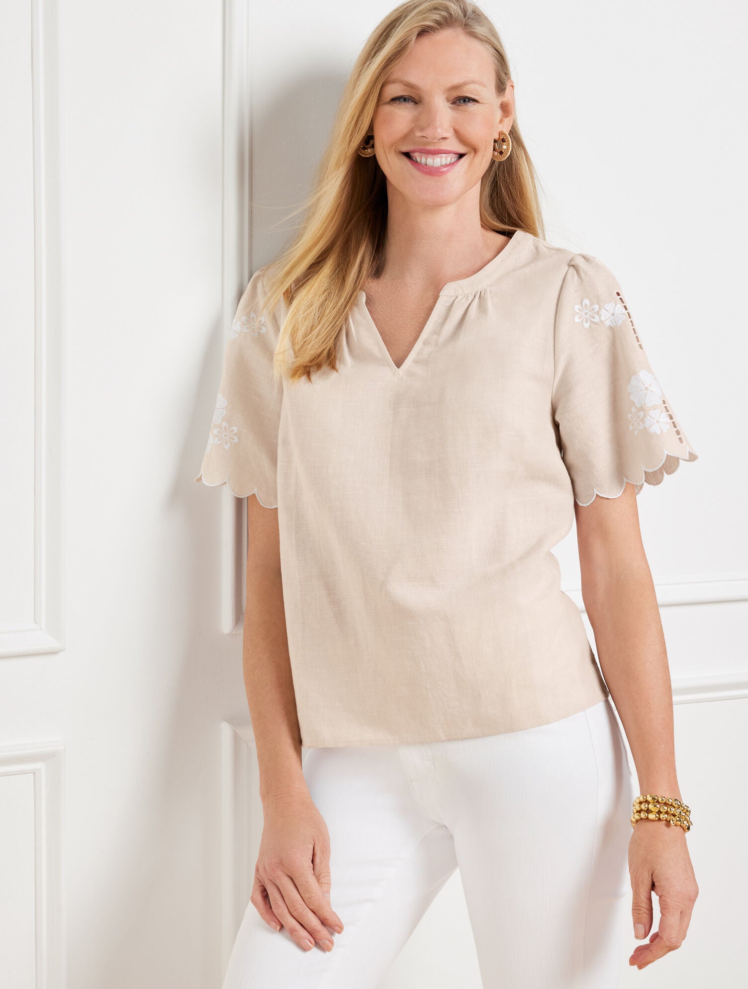 BEIGE/WHITE EMBROIDERED LINEN COTTON TOP | Talbots outlet