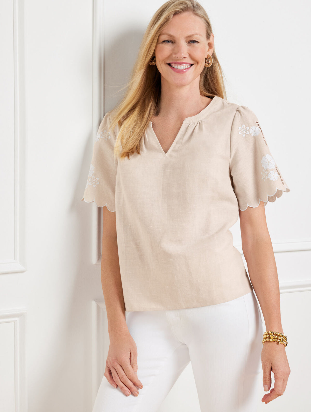 BEIGE/WHITE EMBROIDERED LINEN COTTON TOP | Talbots outlet