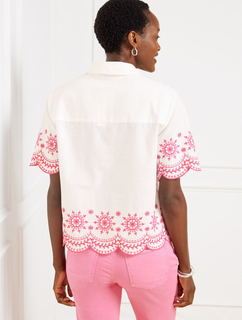 WHITE/CAMELLIA ROSE EMBROIDERED LINEN COTTON SHORT SHIRT - SCALLOP MEDALLION | Talbots sale