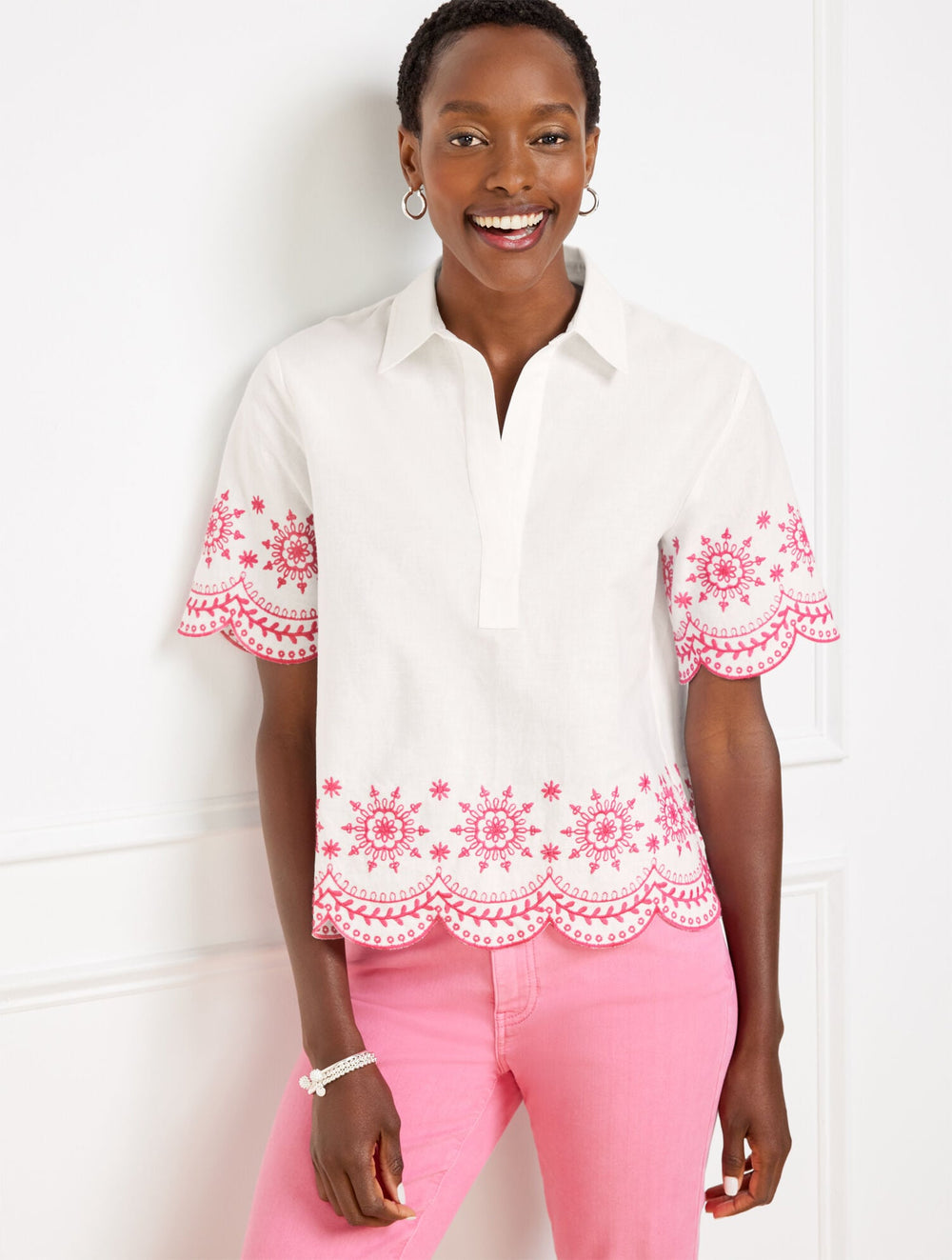 WHITE/CAMELLIA ROSE EMBROIDERED LINEN COTTON SHORT SHIRT - SCALLOP MEDALLION | Talbots sale