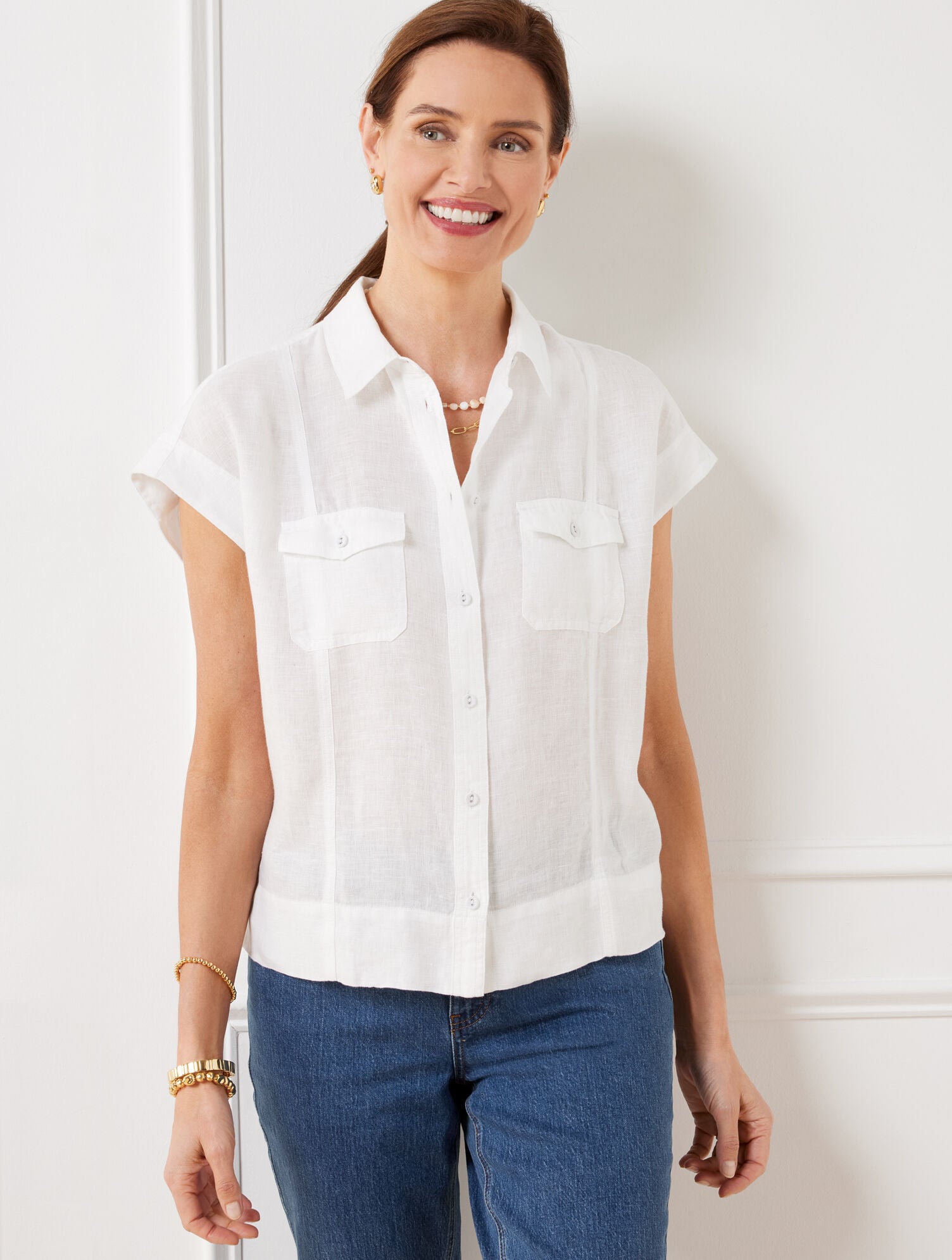 WHITE EXTENDED SHOULDER LINEN SHORT SHIRT | Talbots on sale