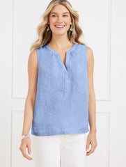 BLUEBELL/WHITE LINEN BAND COLLAR SHELL - CROSS DYED | Talbots sale