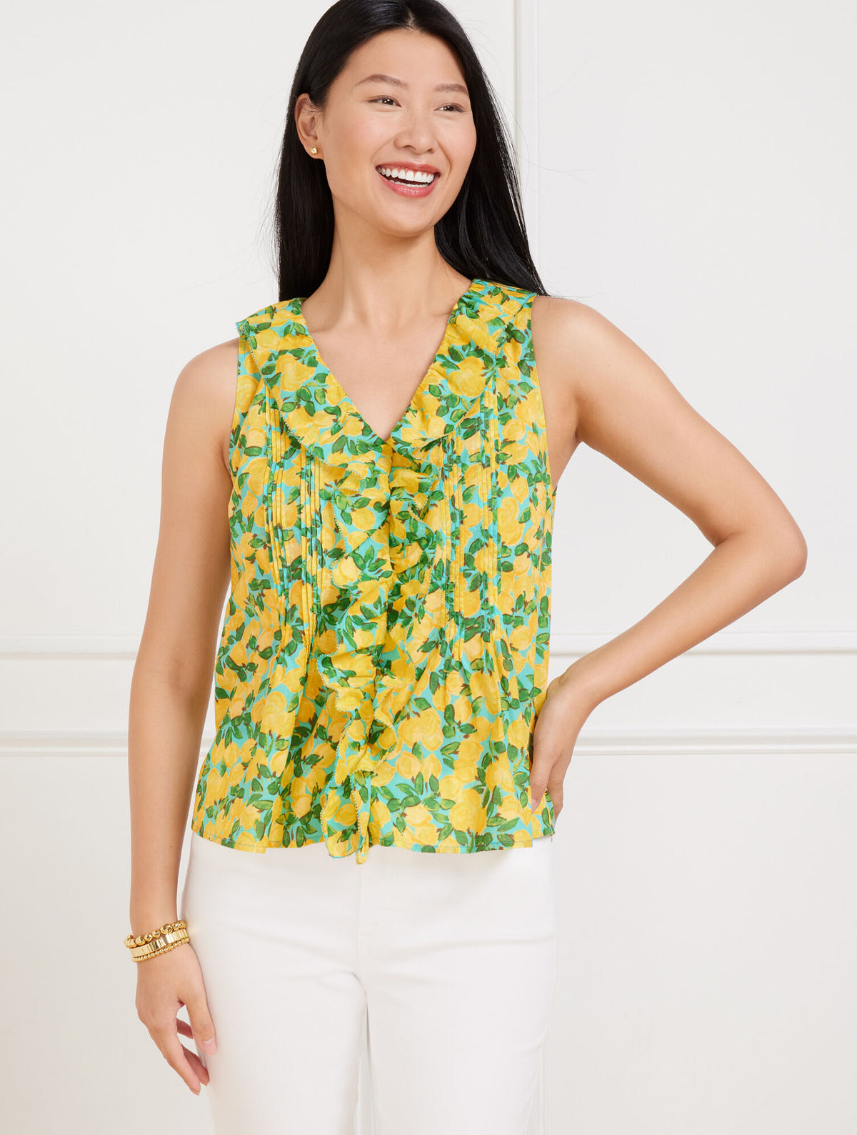 VIVID TURQUOISE MULTI PINTUCK RUFFLE TRIM TOP - LEMON BUNCHES | Talbots outlet