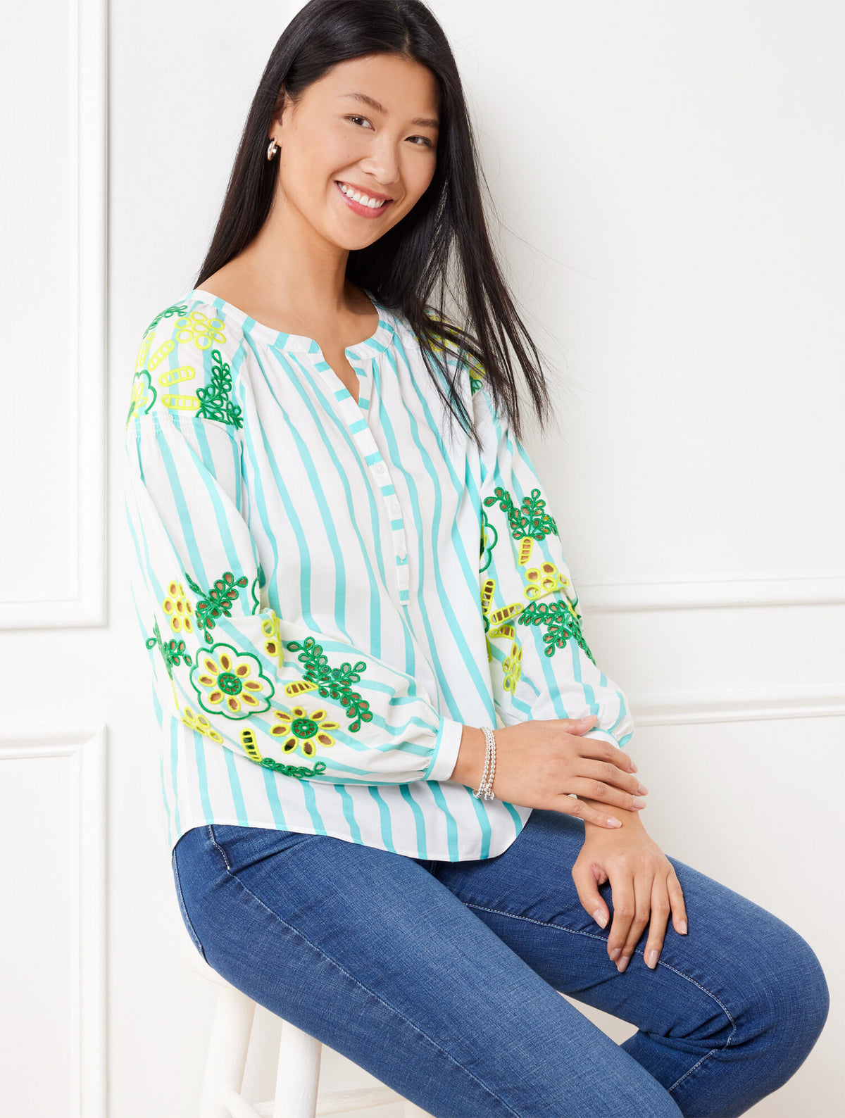 WHITE/VIVID TURQUOISE EMBROIDERED TOP - PARK STRIPE | Talbots on sale