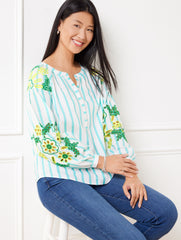 WHITE/VIVID TURQUOISE EMBROIDERED TOP - PARK STRIPE | Talbots on sale