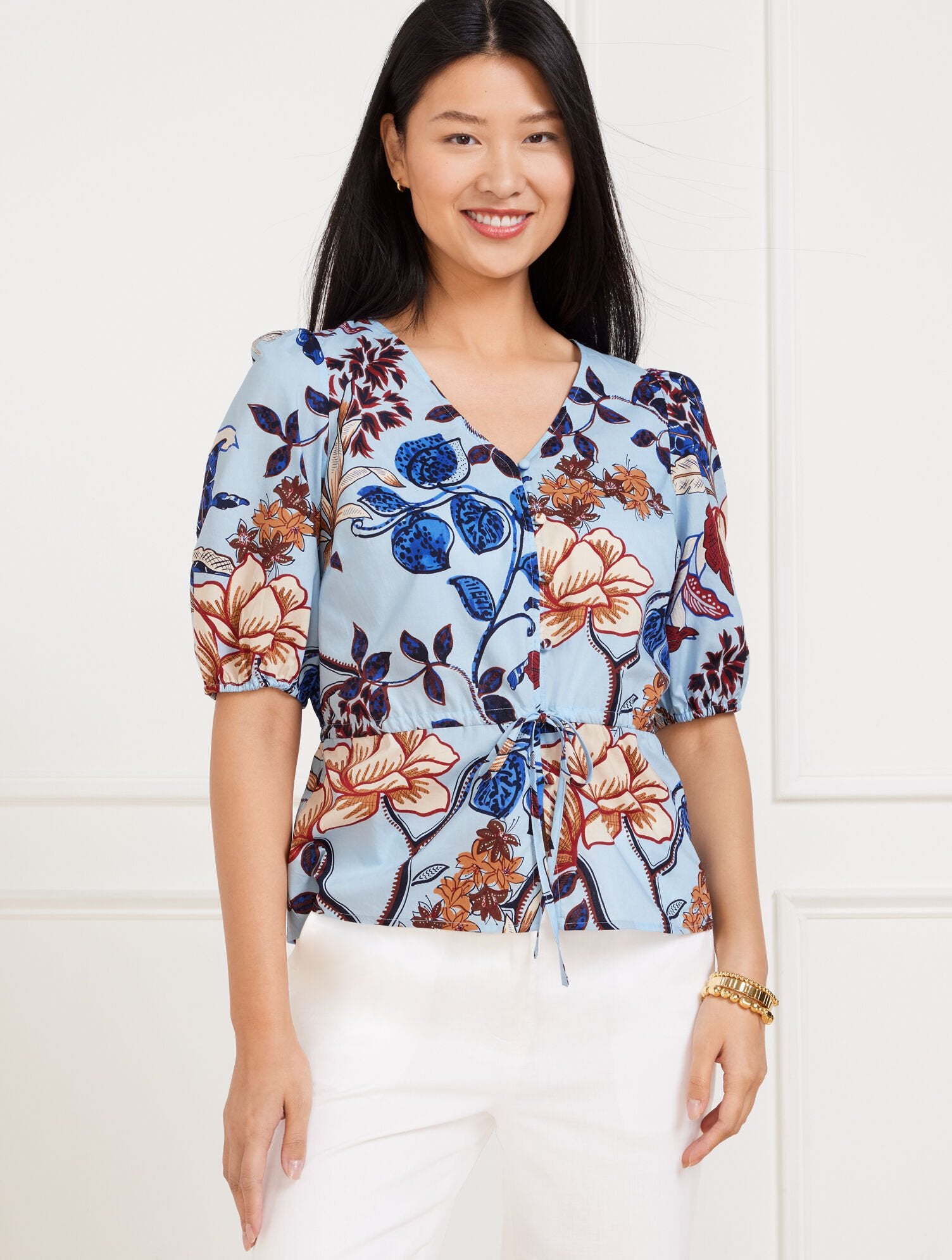 BLUE MAJESTY/BLUEBELL TIE WAIST PEPLUM TOP - VERDANT BOTANICAL | Talbots for sale