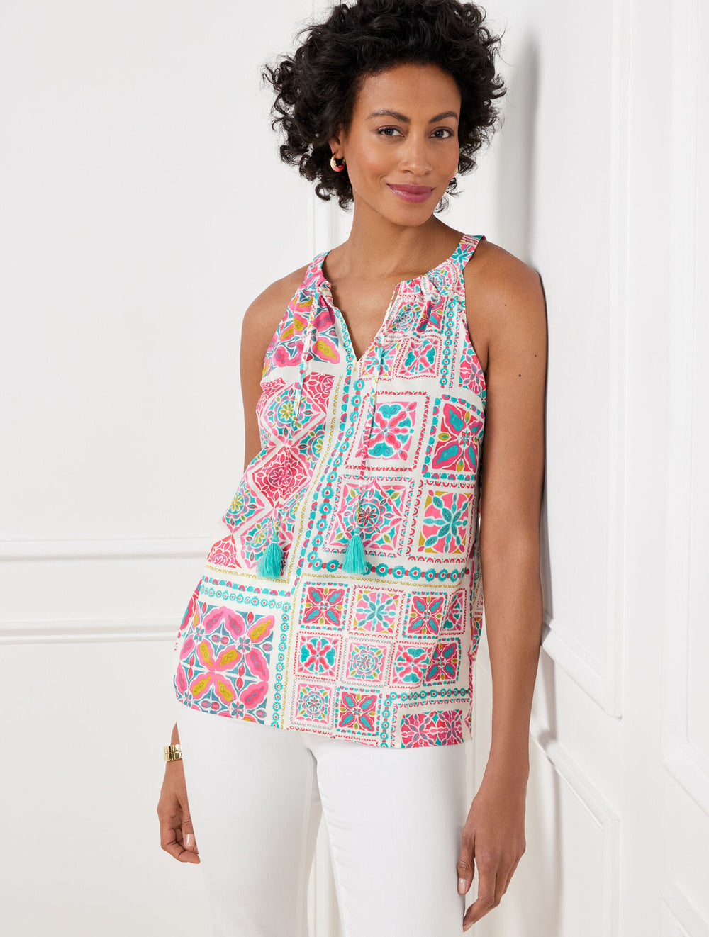 IVORY/VILLA BLUE MULTI TIE FRONT HALTER TOP - PAINTERLY TILES | Talbots sale