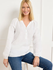 WHITE LANTERN SLEEVE LINEN TOP | Talbots online
