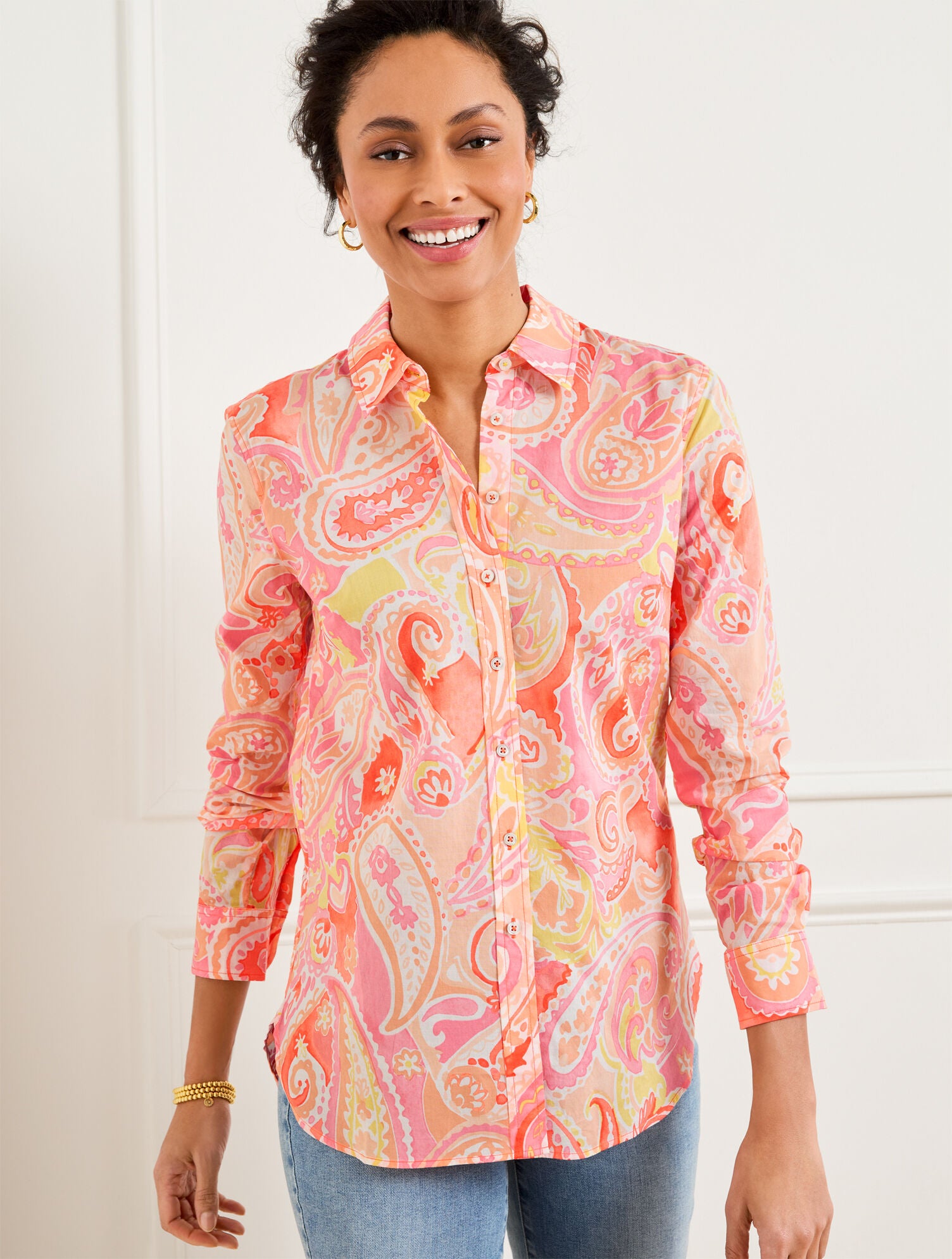 HOT CORAL MULTI MODERN CLASSIC SHIRT - VIBRANT PAISLEY | Talbots US