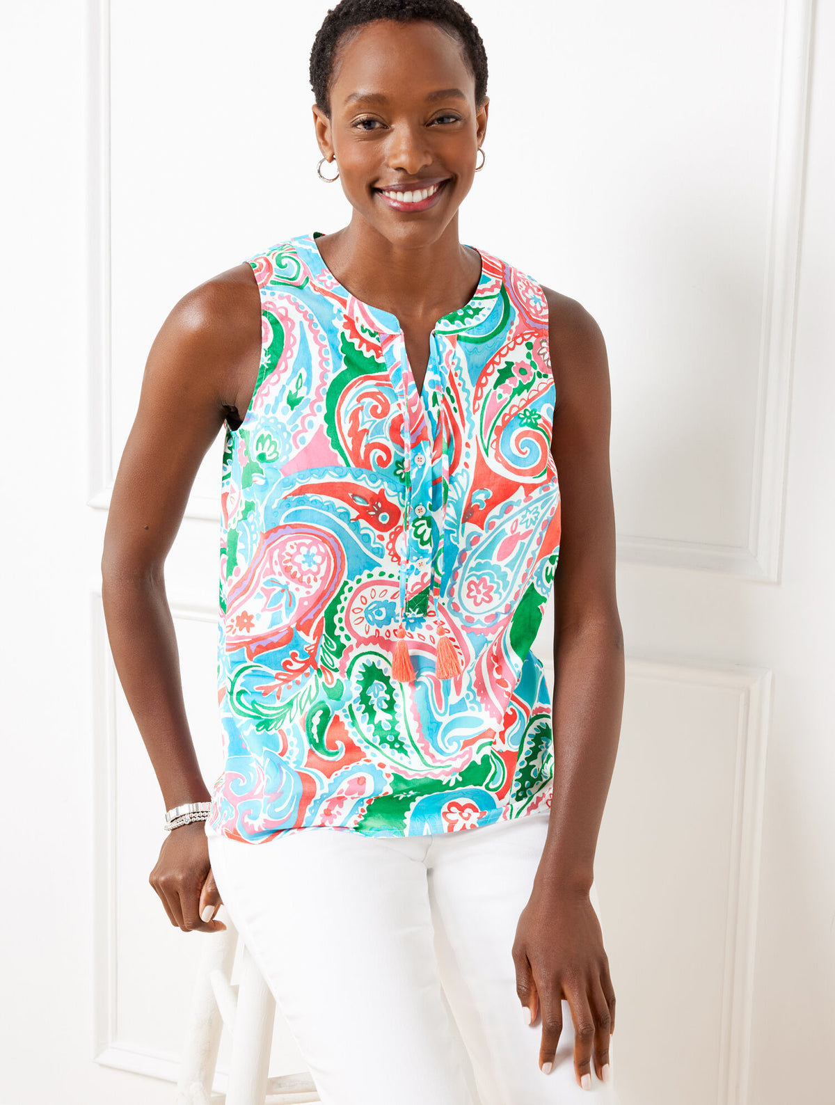 WHITE MULTI TIE NECK SHELL - VIBRANT PAISLEY | Talbots for sale