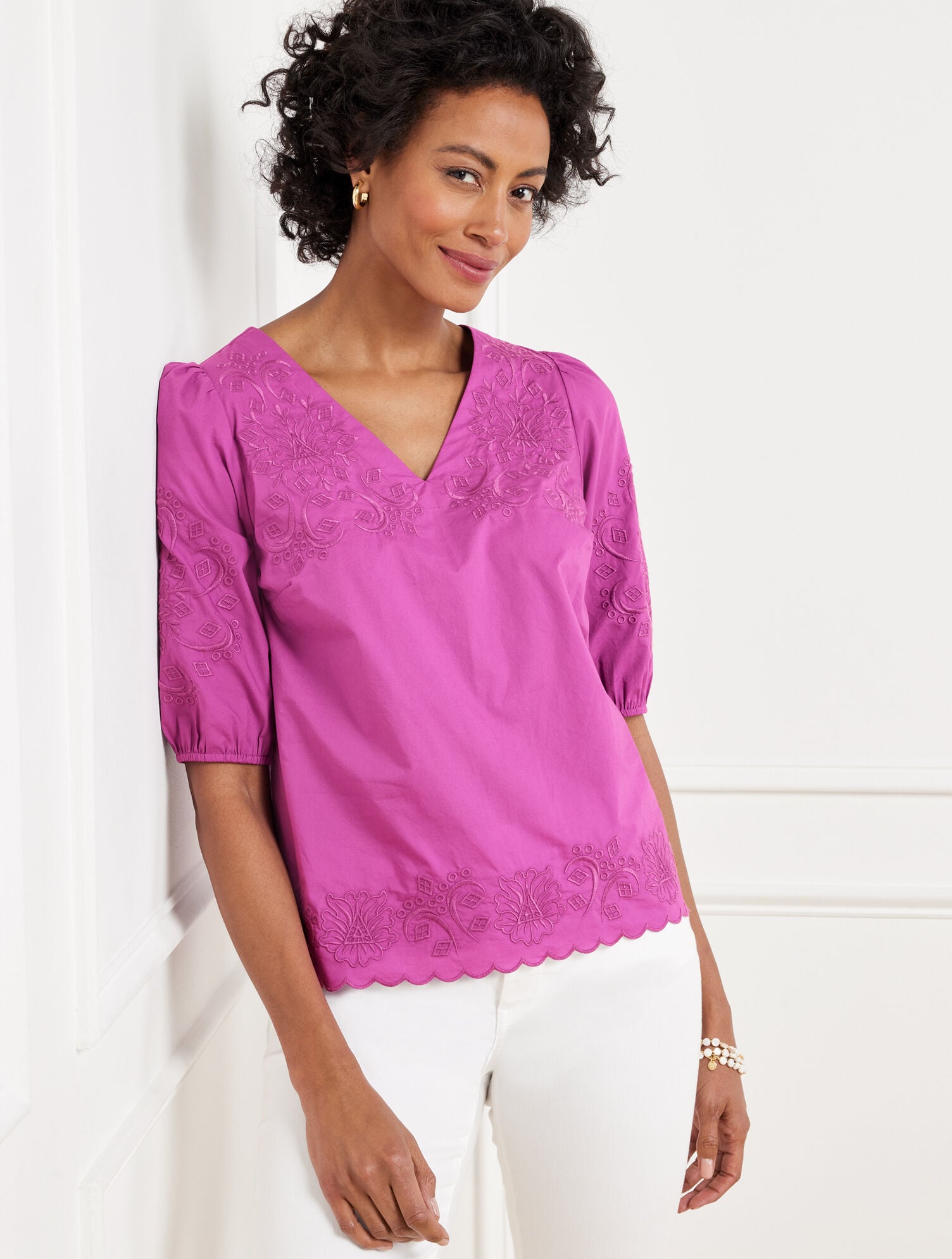 VIOLET SUNSET EMBROIDERED POPLIN TOP | Talbots near me
