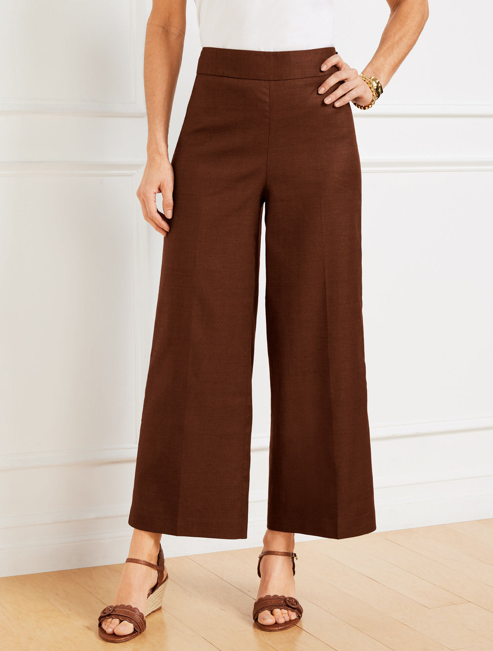 DARK WALNUT WIDE CROP LINEN BLEND PANTS | Talbots sale