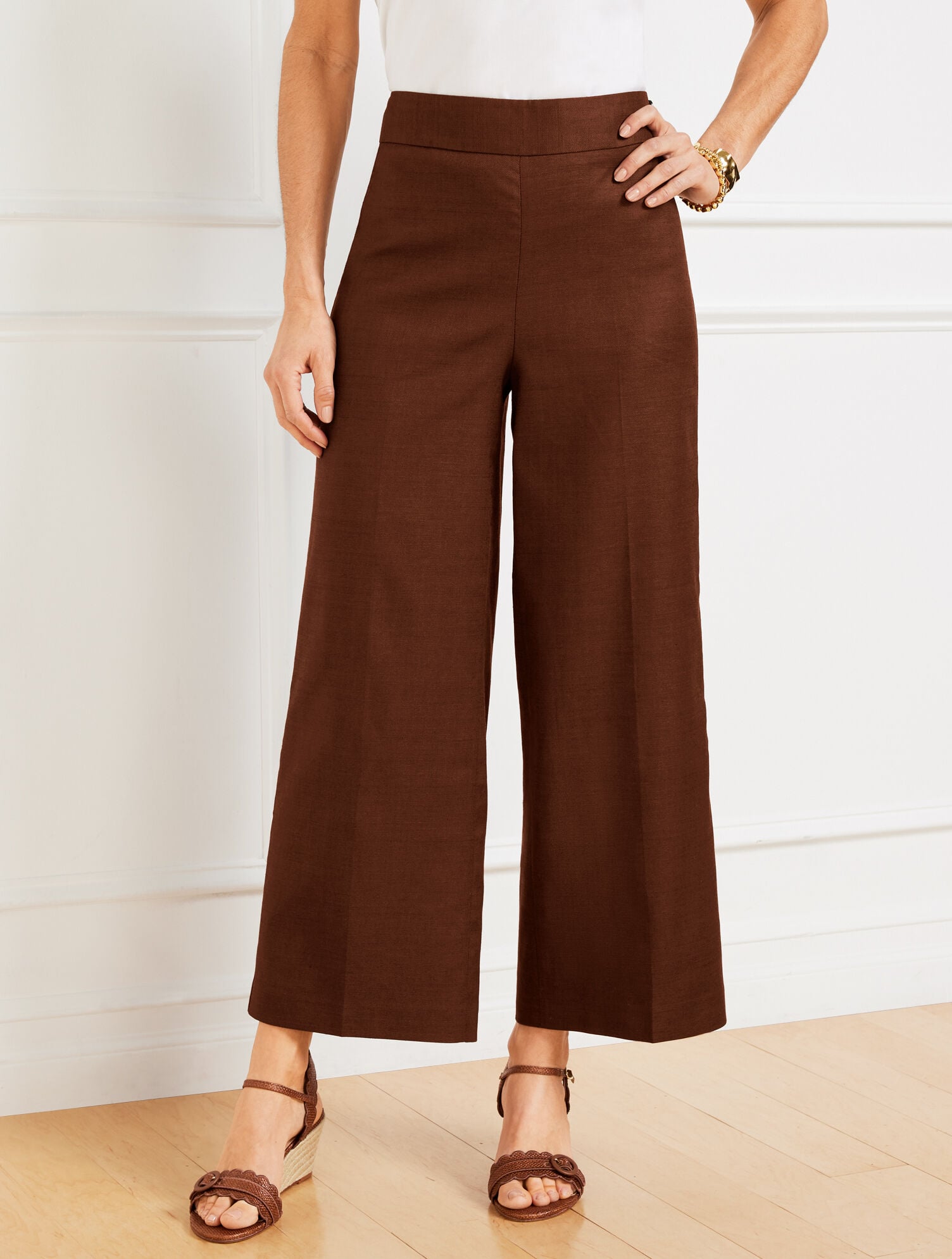 DARK WALNUT WIDE CROP LINEN BLEND PANTS | Talbots for sale