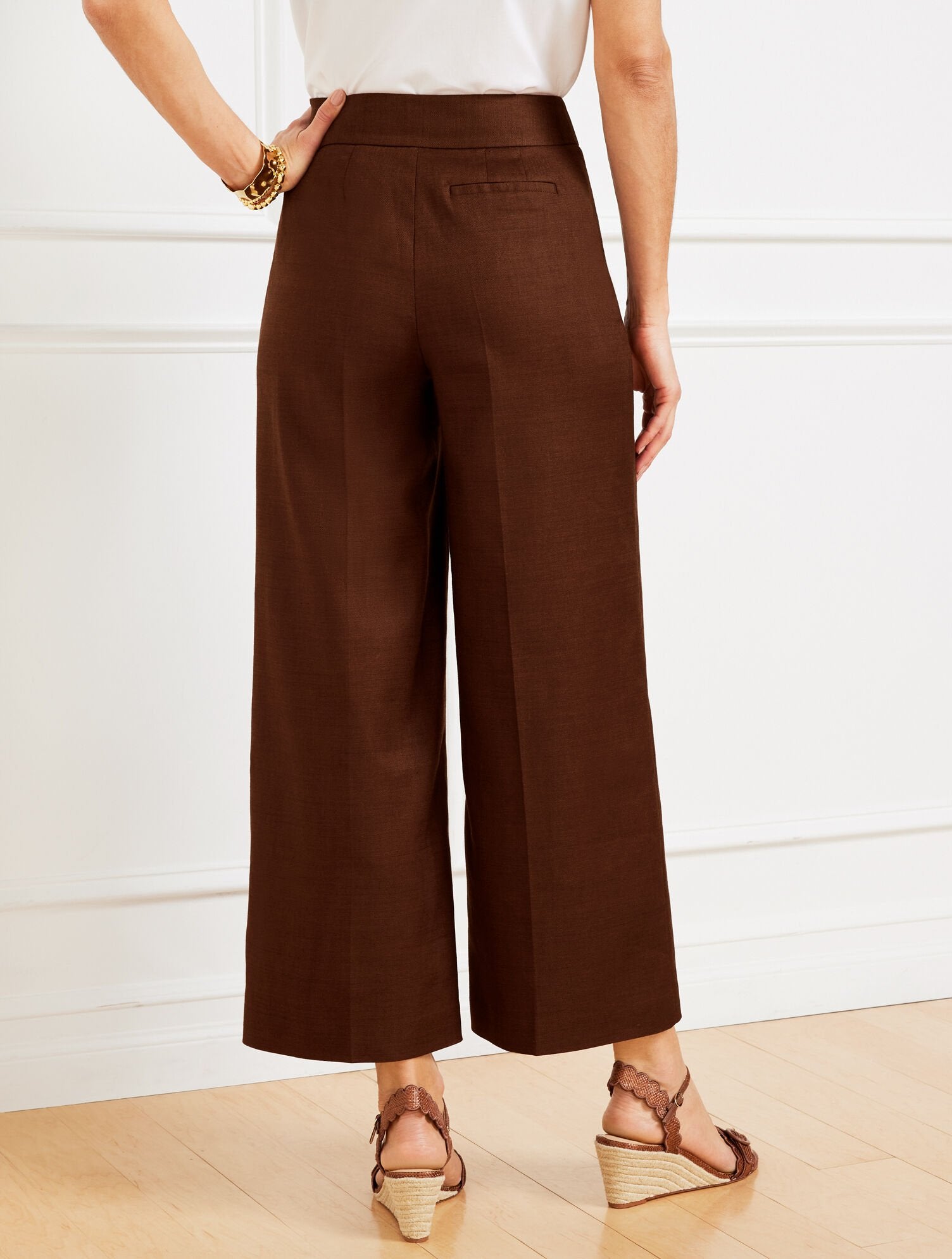 DARK WALNUT WIDE CROP LINEN BLEND PANTS | Talbots for sale