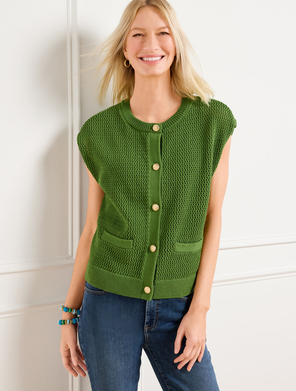 OLIVE GROVE|WHITE MESH STITCH SWEATER SHELL | Talbots US