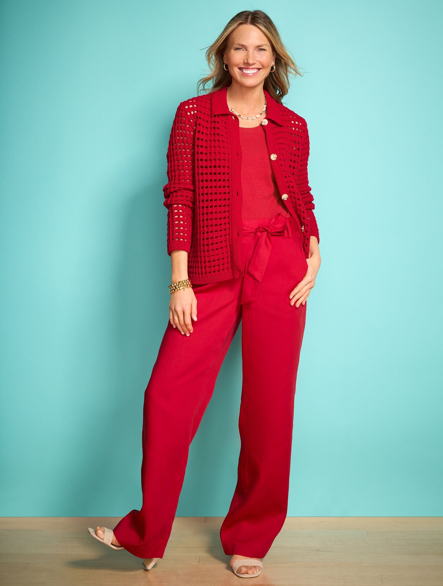 RED POP OPEN STITCH POLO CARDIGAN | Talbots US