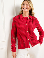 RED POP OPEN STITCH POLO CARDIGAN | Talbots US