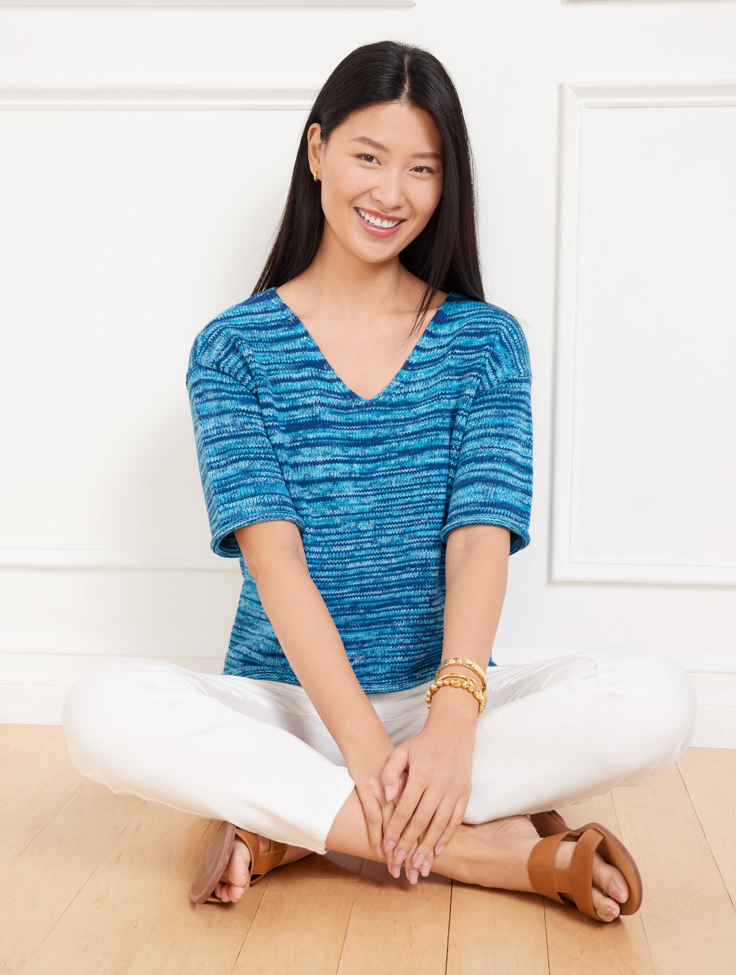 VINEYARD GREEN/TURQUOISE|VIVID TURQUOISE/INDIA INK ELBOW SLEEVE V-NECK PULLOVER - SPACE DYE | Talbots on sale