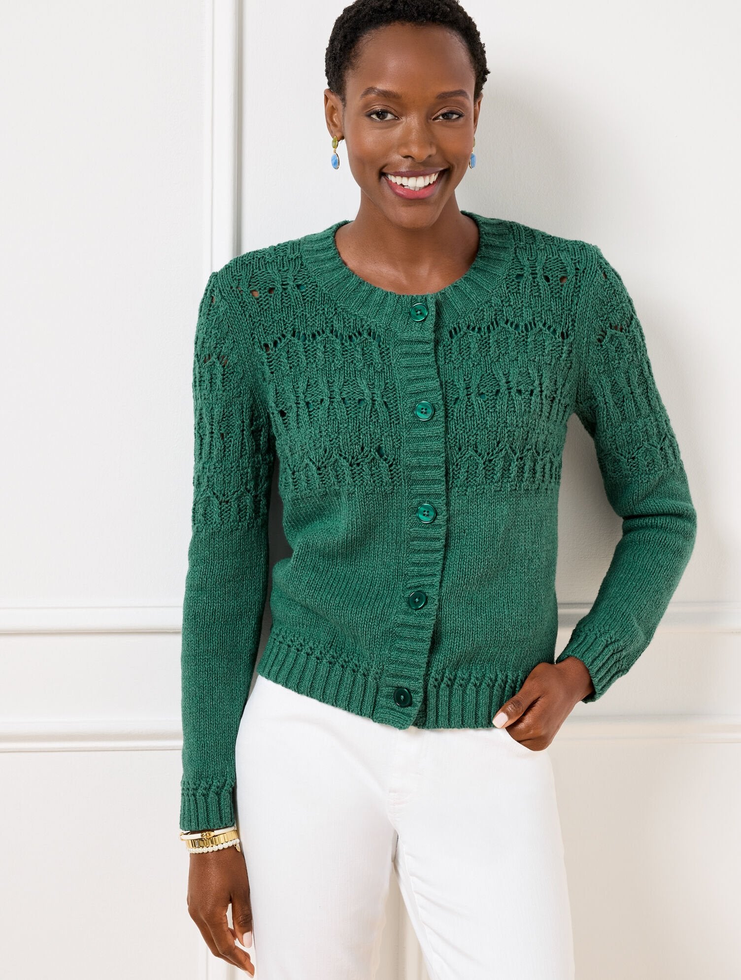 HERITAGE GREEN HEATHER|PINK ROSETTE HEATHER POINTELLE STITCH CARDIGAN | Talbots outlet