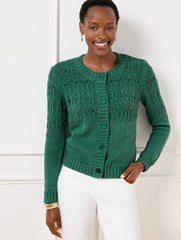 HERITAGE GREEN HEATHER|PINK ROSETTE HEATHER POINTELLE STITCH CARDIGAN | Talbots outlet