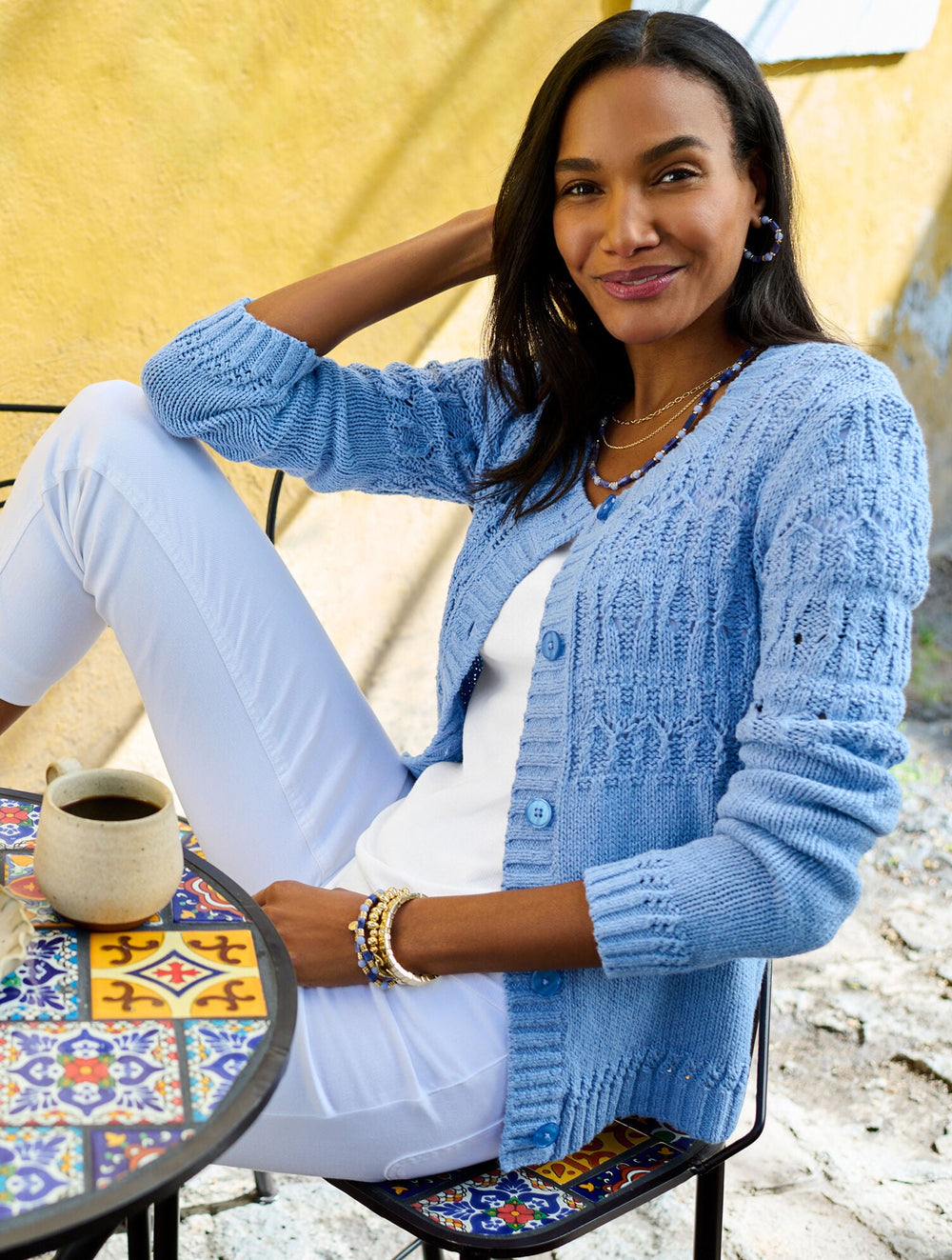 HERITAGE GREEN HEATHER|PINK ROSETTE HEATHER POINTELLE STITCH CARDIGAN | Talbots outlet