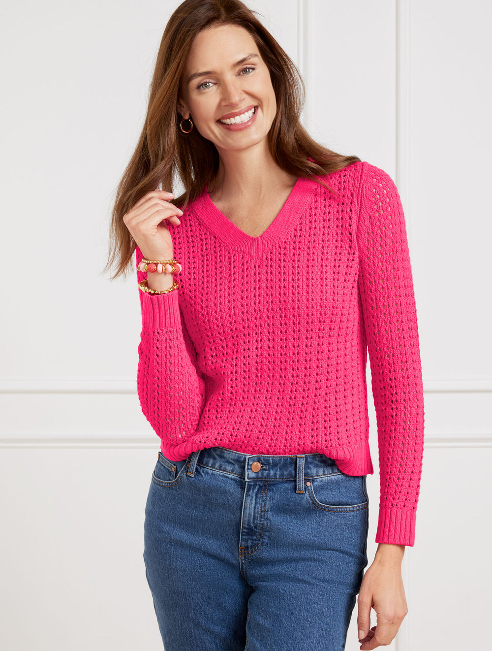 RASPBERRY OPEN STITCH V-NECK PULLOVER | Talbots for sale