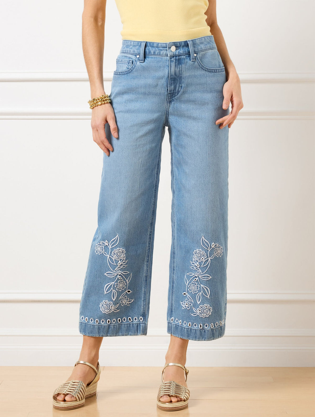 HIGH WAIST WIDE CROP EMBROIDERED JEANS - LACEY WASH | Talbots online