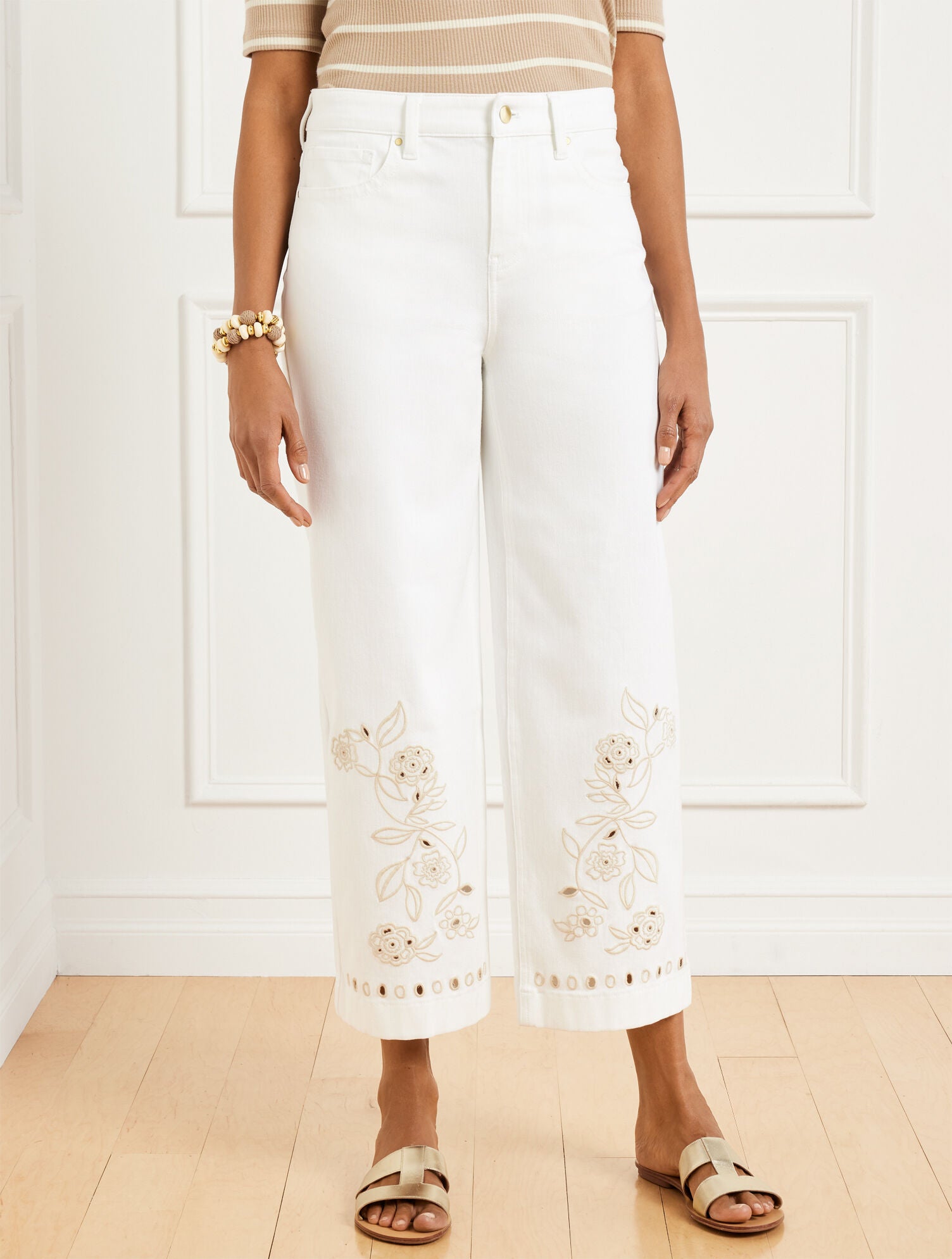 OFF WHITE HIGH WAIST WIDE CROP EMBROIDERED JEANS | Talbots near me