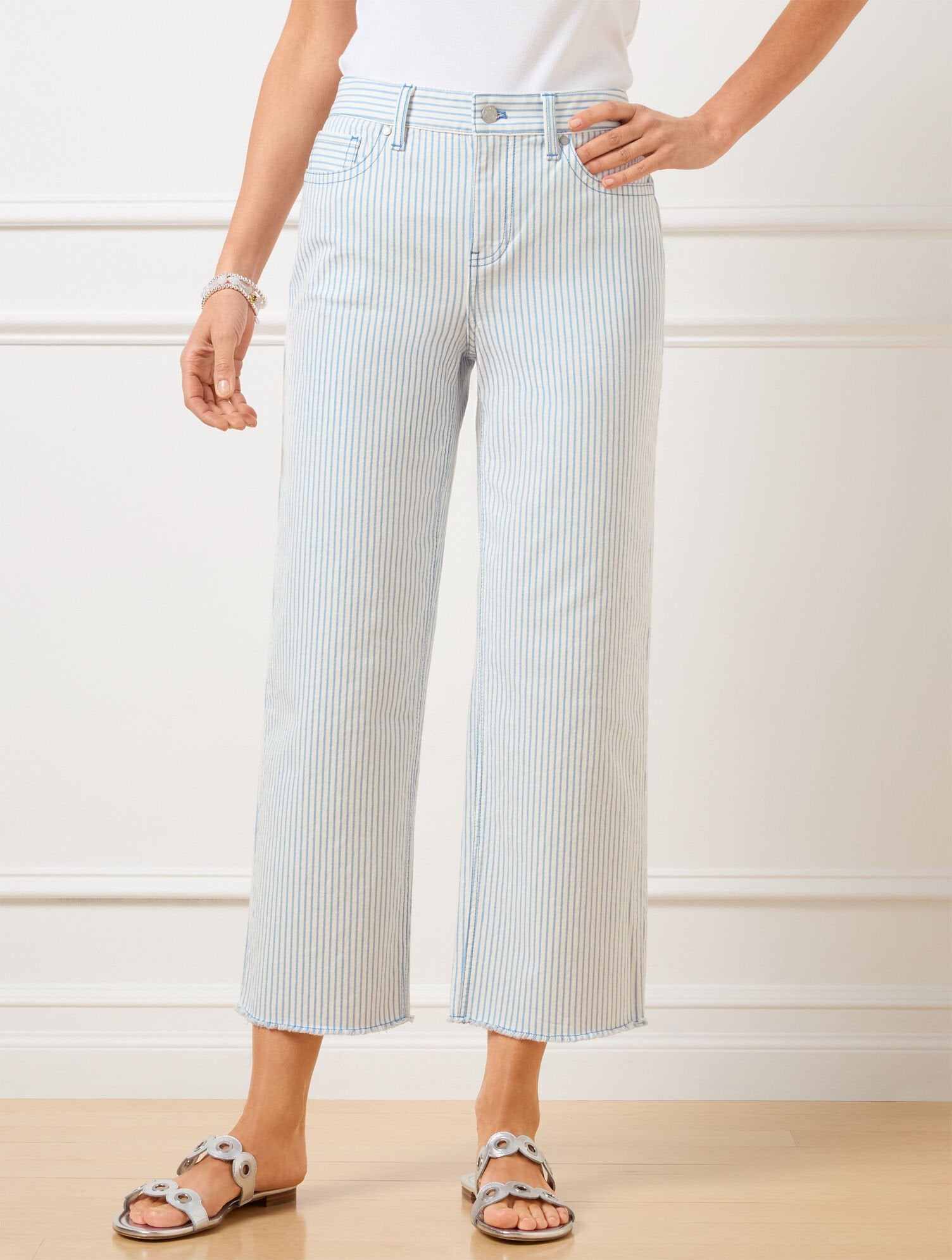 IVORY/INDIGO HIGH WAIST WIDE CROP JEANS - AWNING STRIPE | Talbots on sale