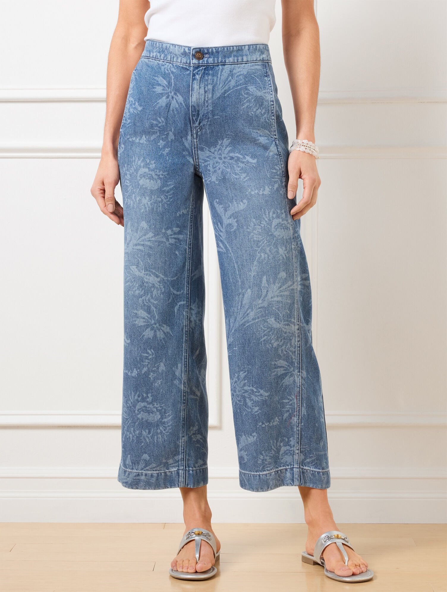 BLUE WIDE CROP JEANS - OCEAN FLORA | Talbots sale