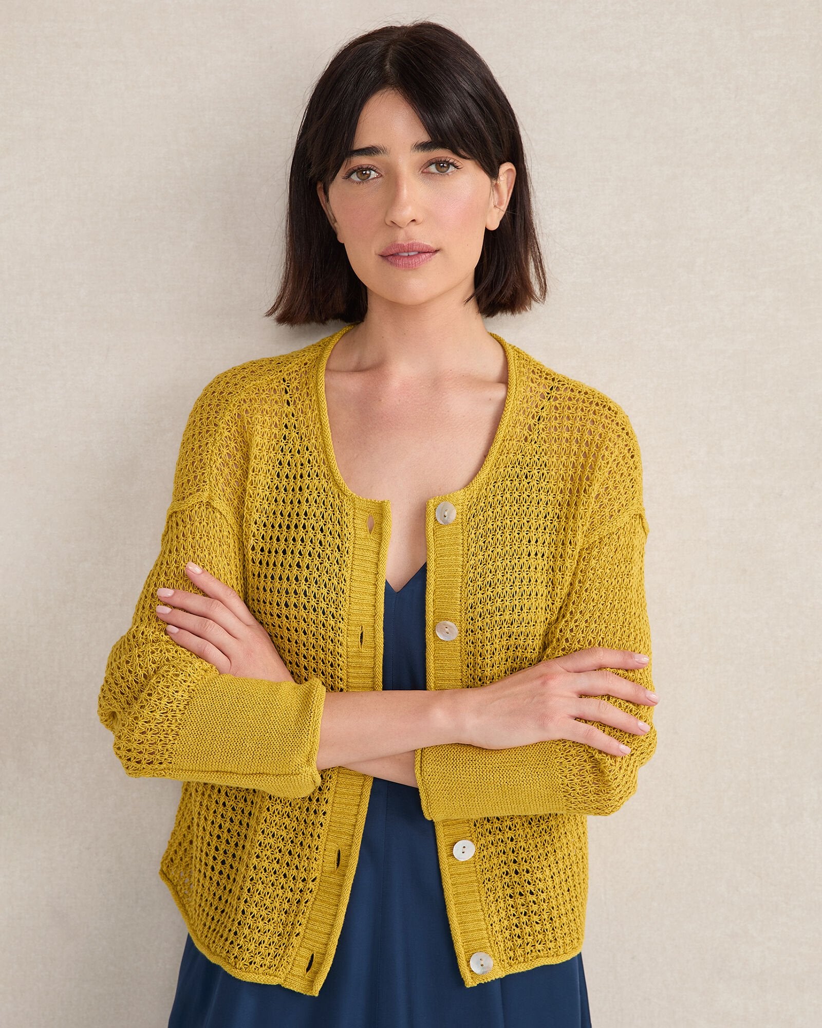 BAMBOO SHOOT ORGANIC COTTON LINEN OPEN STITCH CARDIGAN | Talbots for sale