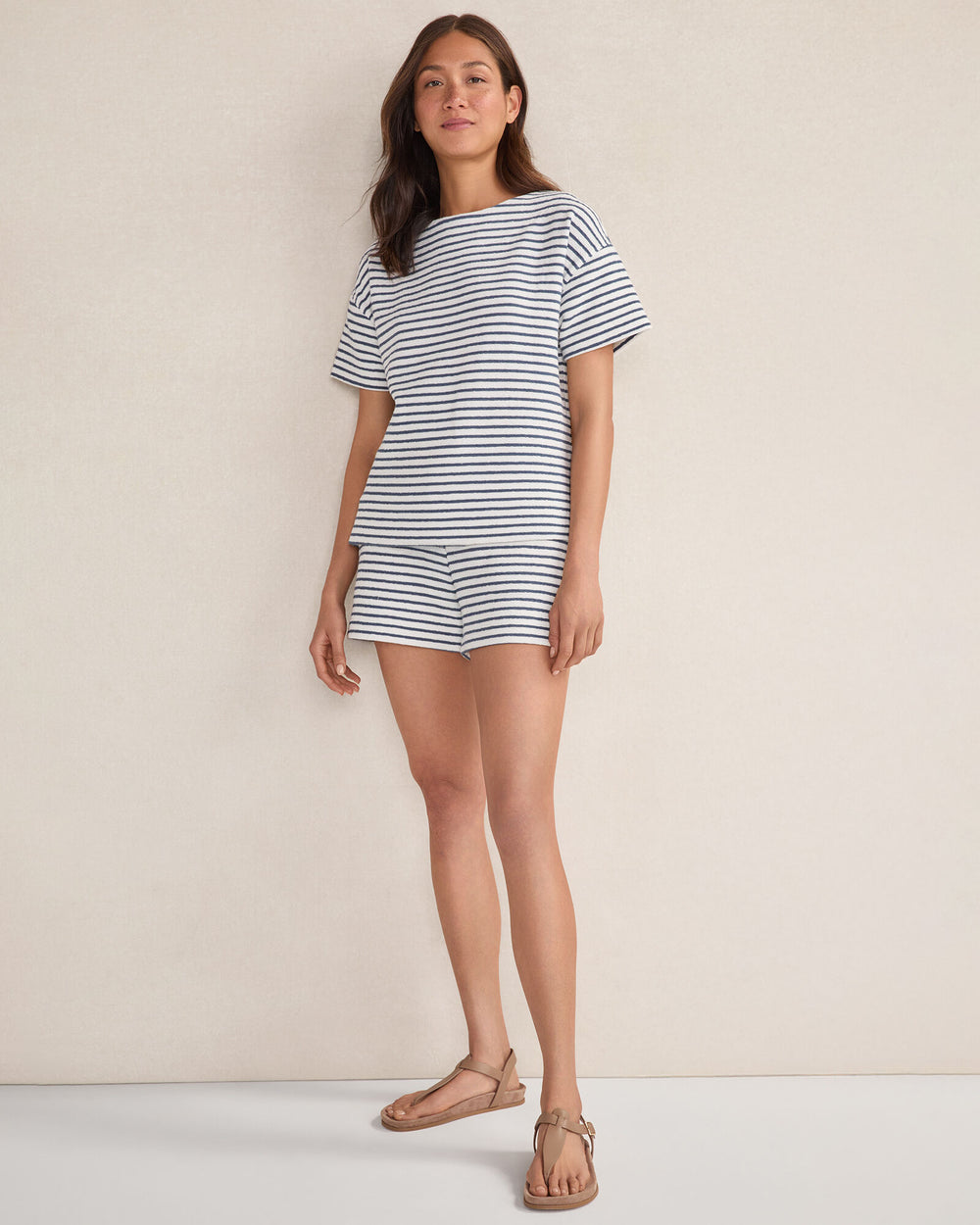 IVORY/INDIGO COTTON BLEND TEXTURED STRIPE SHORTS | Talbots online